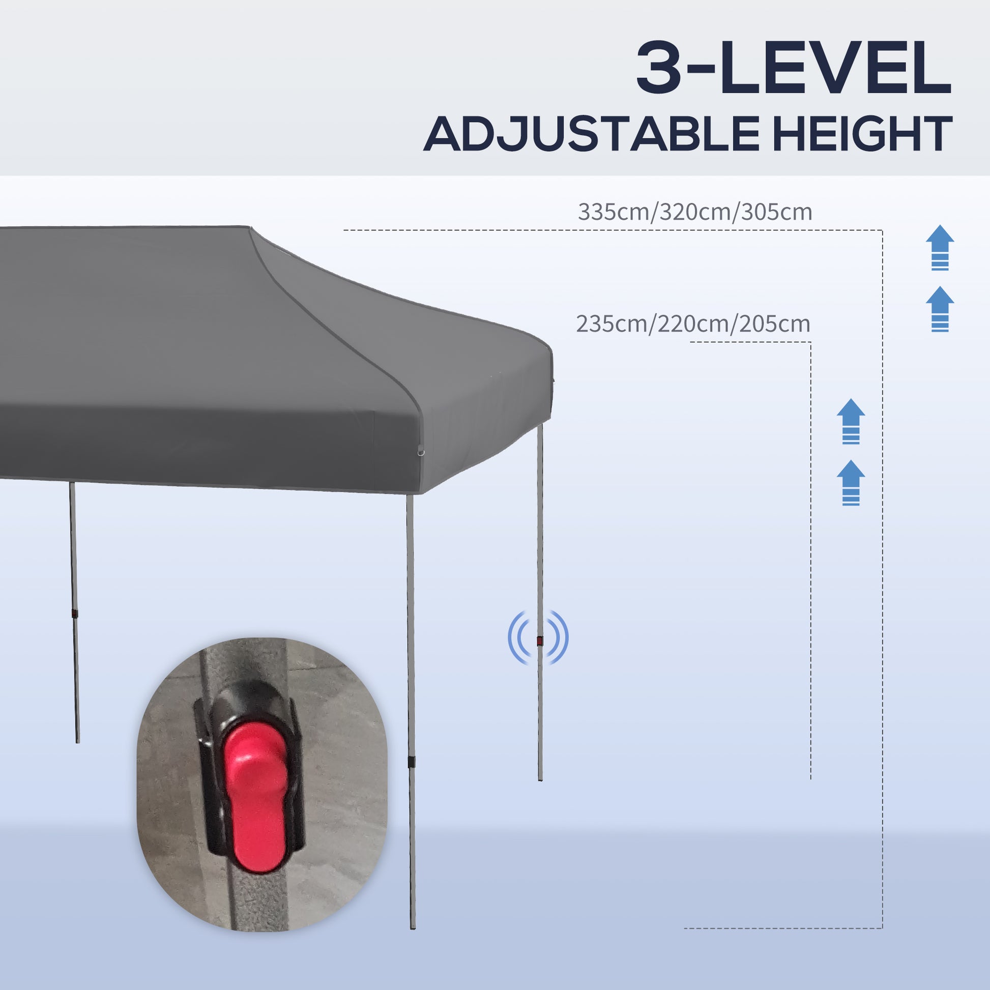 Gray patio canopy with level adjustable height for outdoor events and sun protection