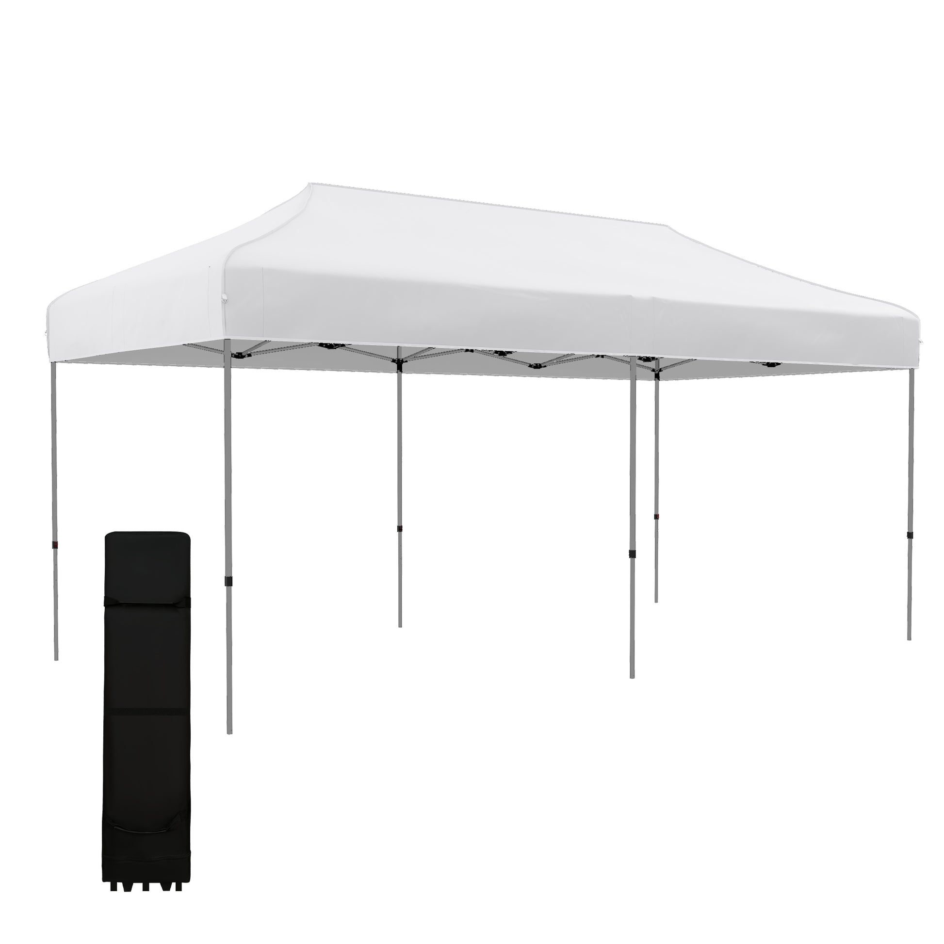 White x popup canopy tent with grey steel frame and black carrying bag