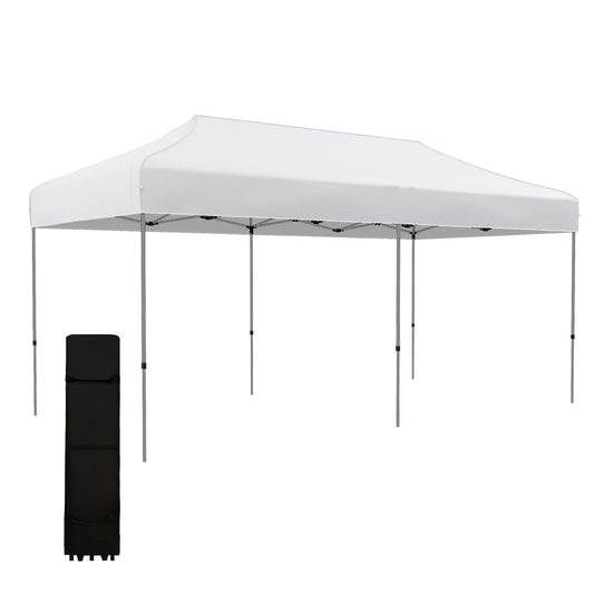 White x popup canopy tent with grey steel frame and black carrying bag