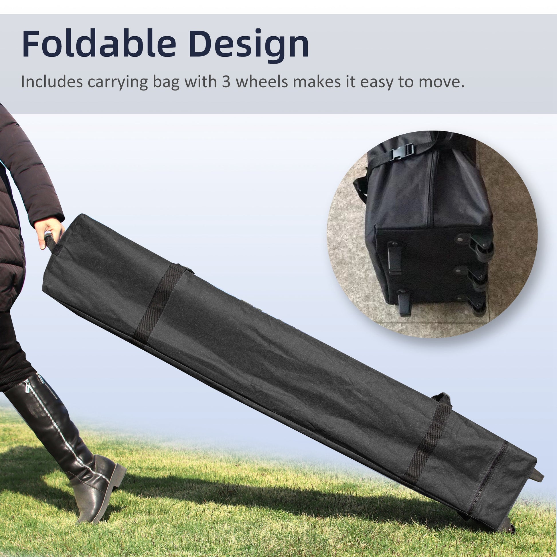 Black wheeled carrying bag for foldable canopy with  wheels and handle