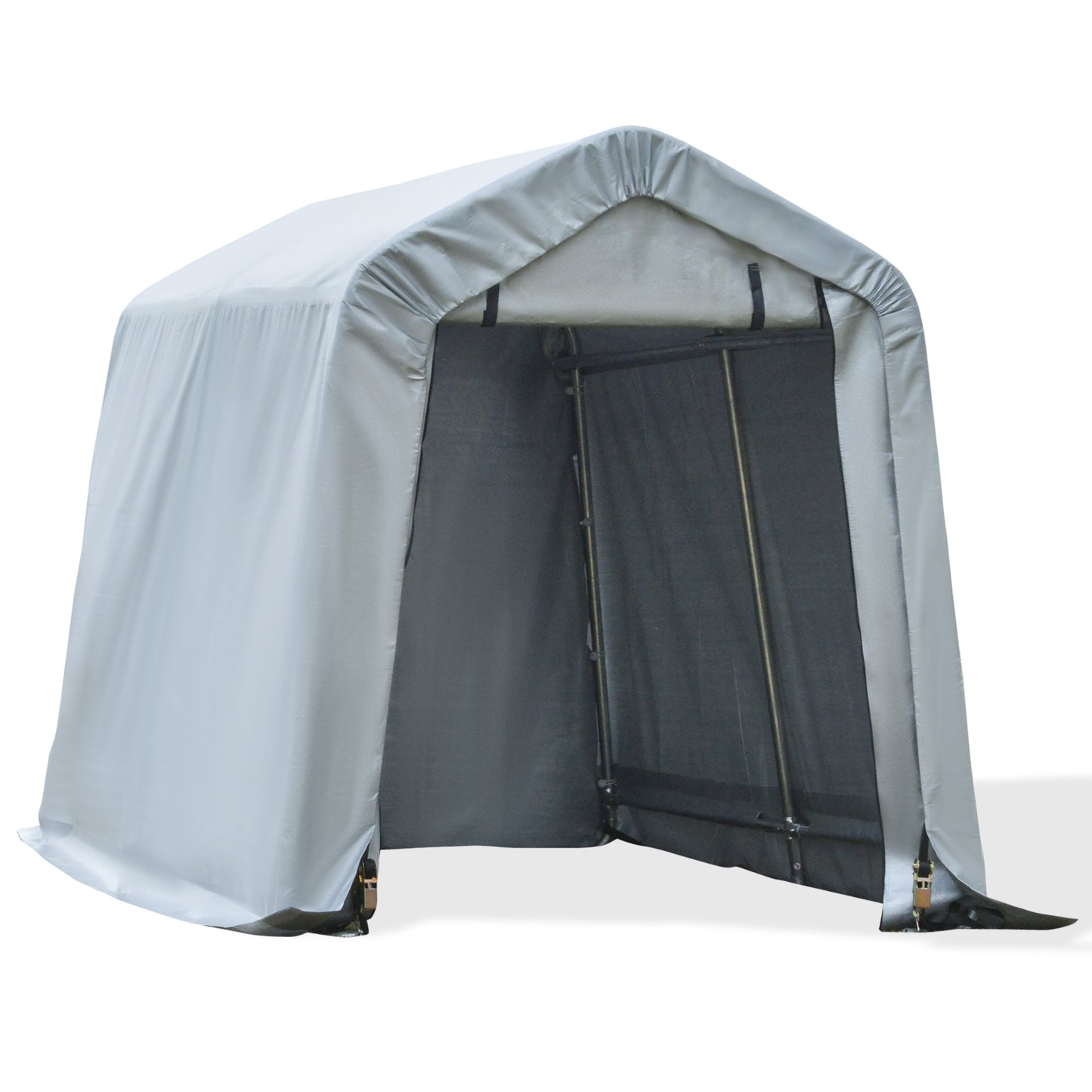 Gray heavyduty portable garage shelter with arched roof and open entryway