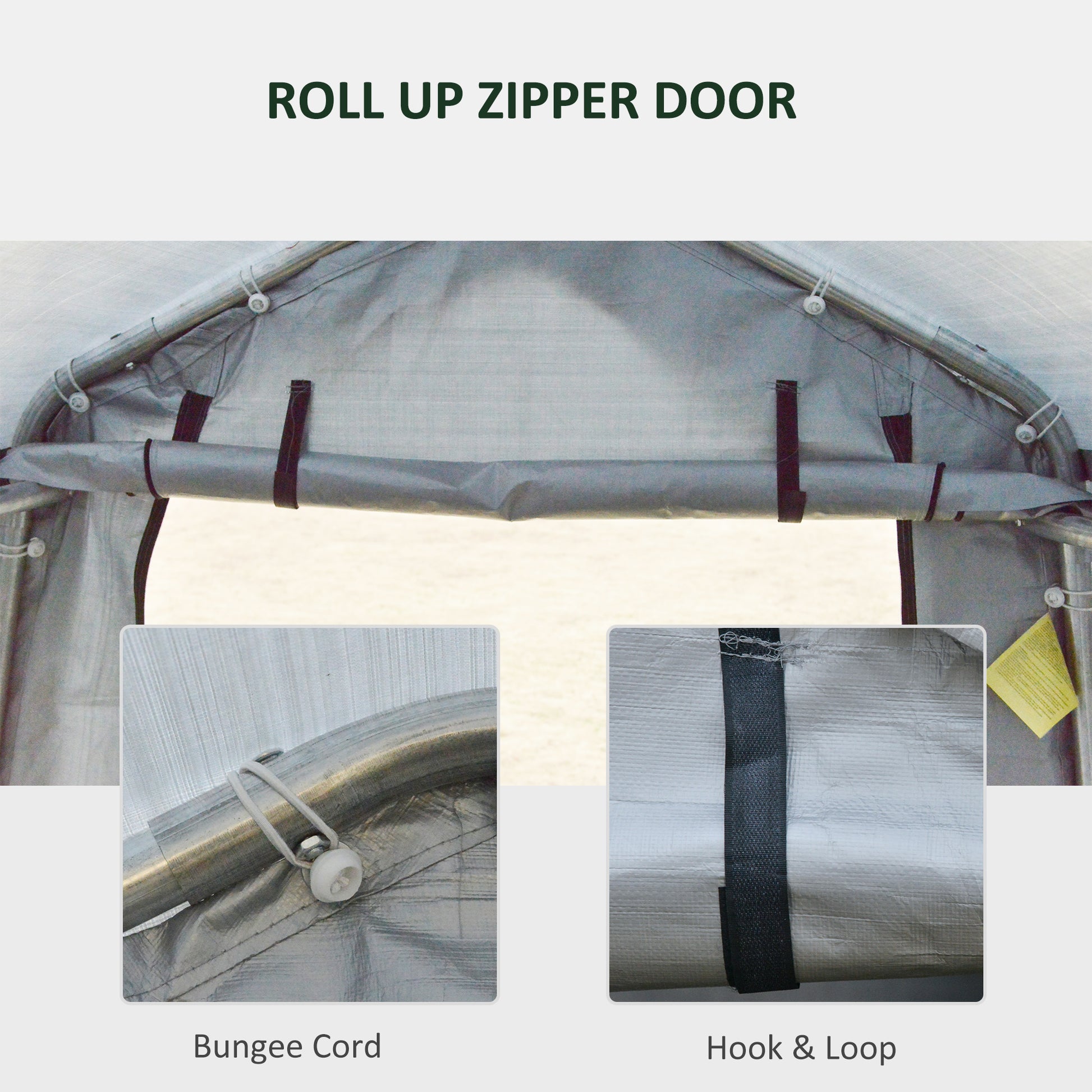 Silver roll up zipper door on metal frame showing bungee cord attachment