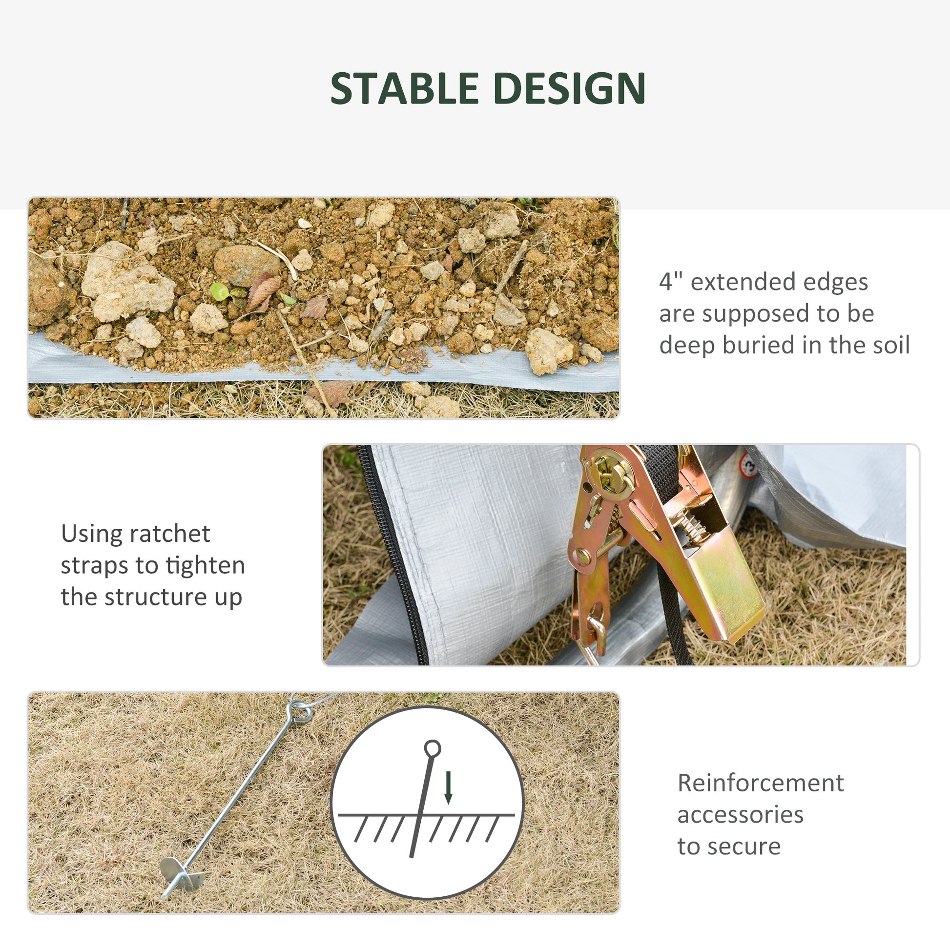 Closeup of soil and a grey tarp edge to demonstrate burial depth for stable design