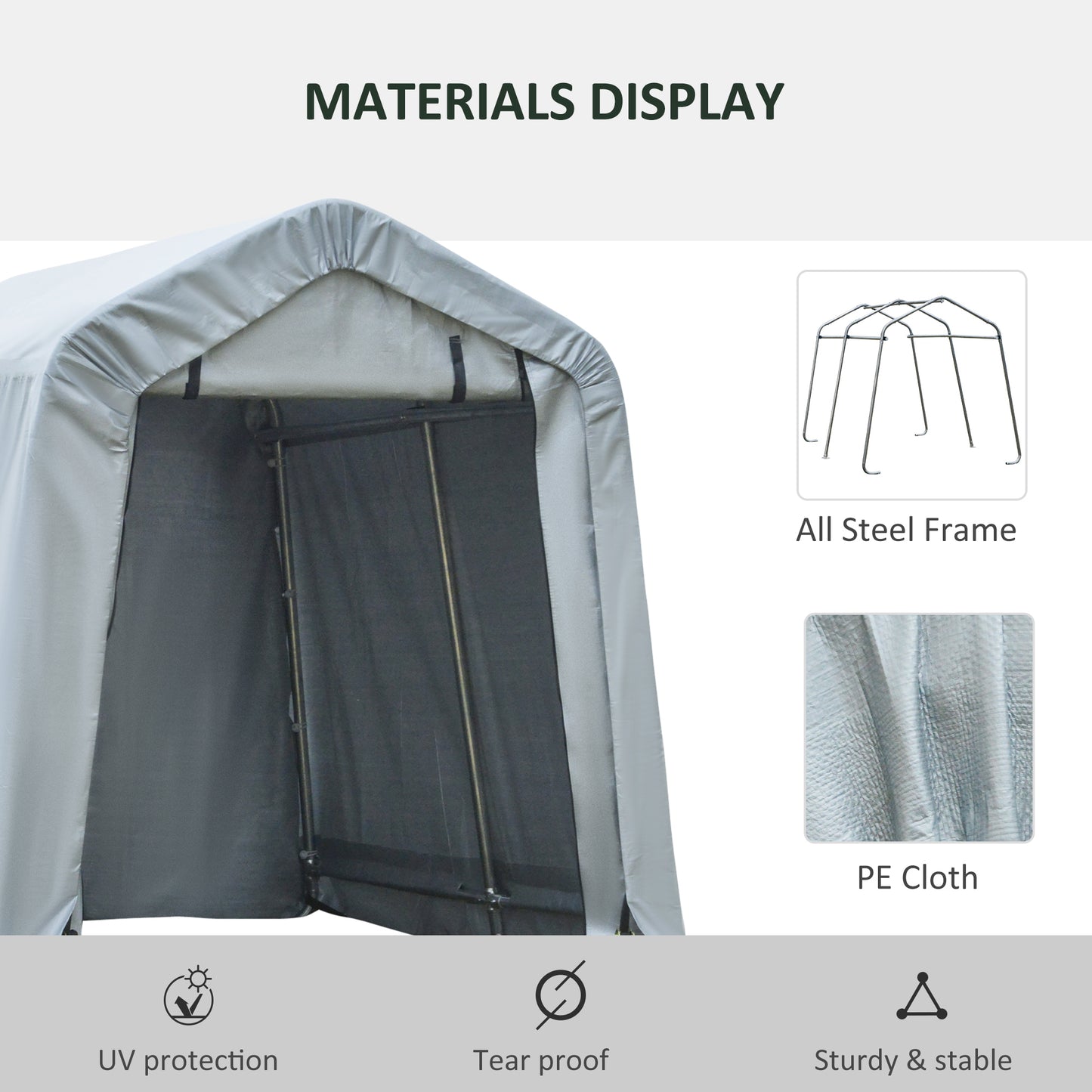 Gray PE cloth carport showing sturdy steel frame for outdoor shelter