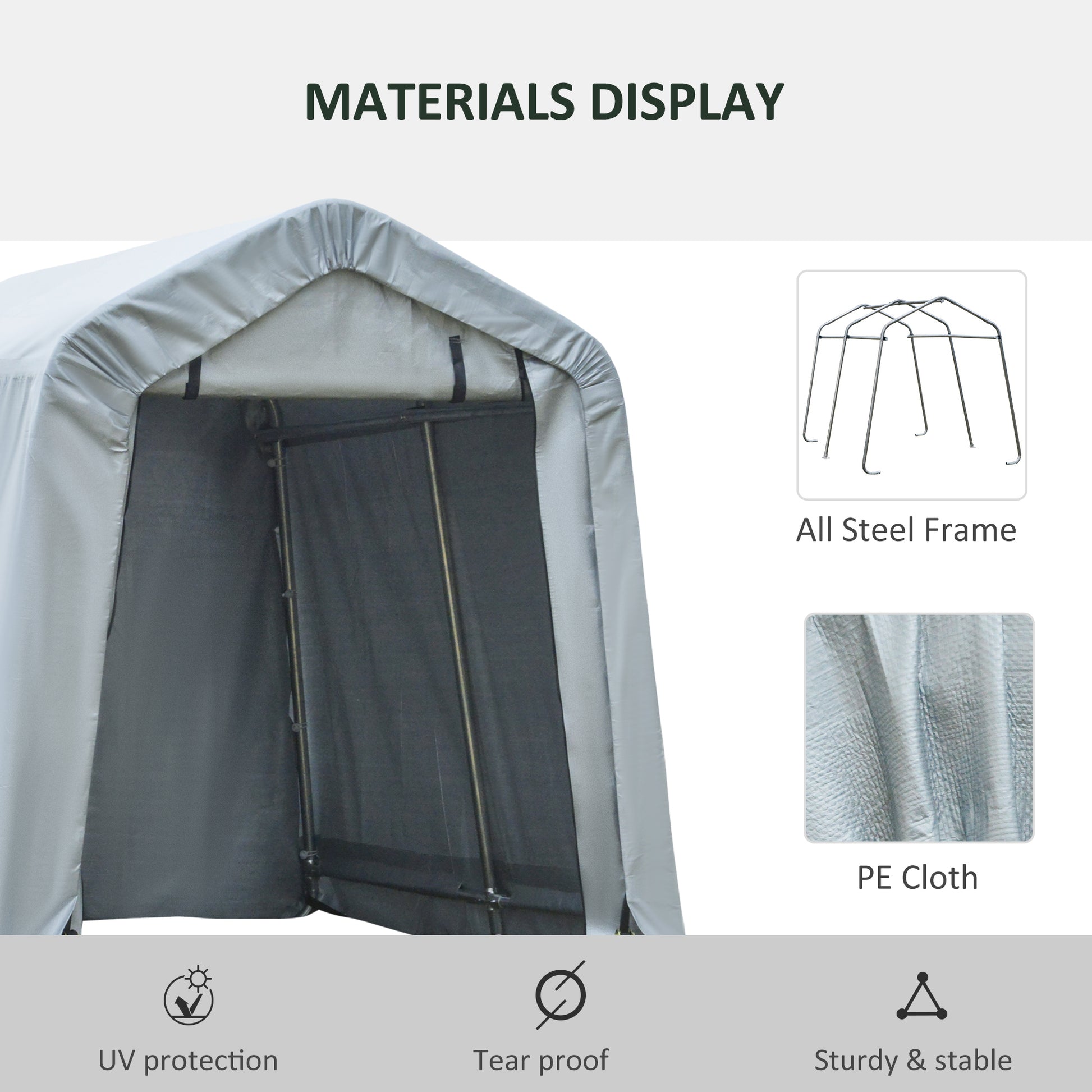 Gray PE cloth carport showing sturdy steel frame for outdoor shelter