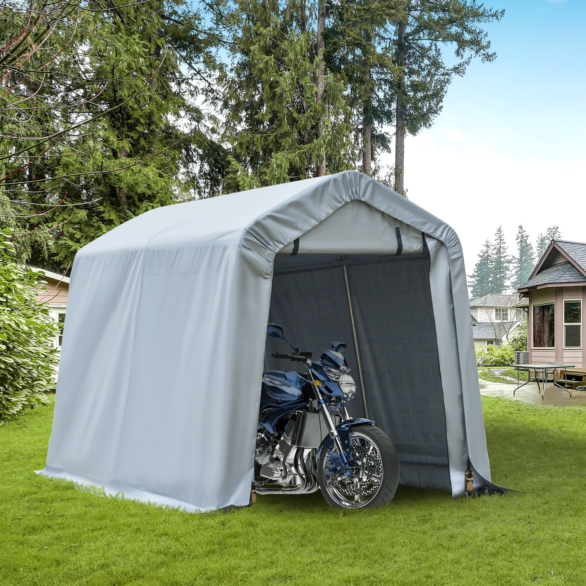 Gray portable garage shelter housing a blue sport motorcycle outdoors
