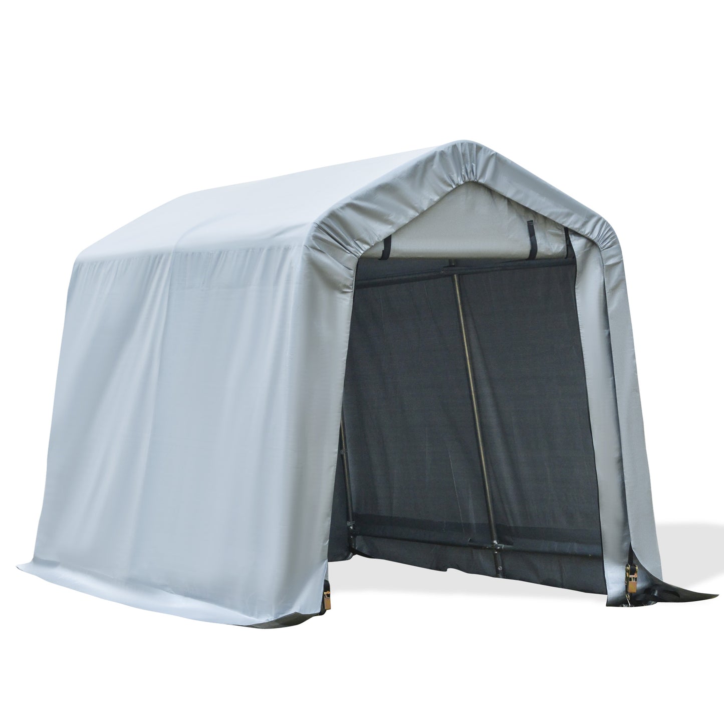 Grey portable garage structure with sturdy frame ideal for vehicle or storage shelter