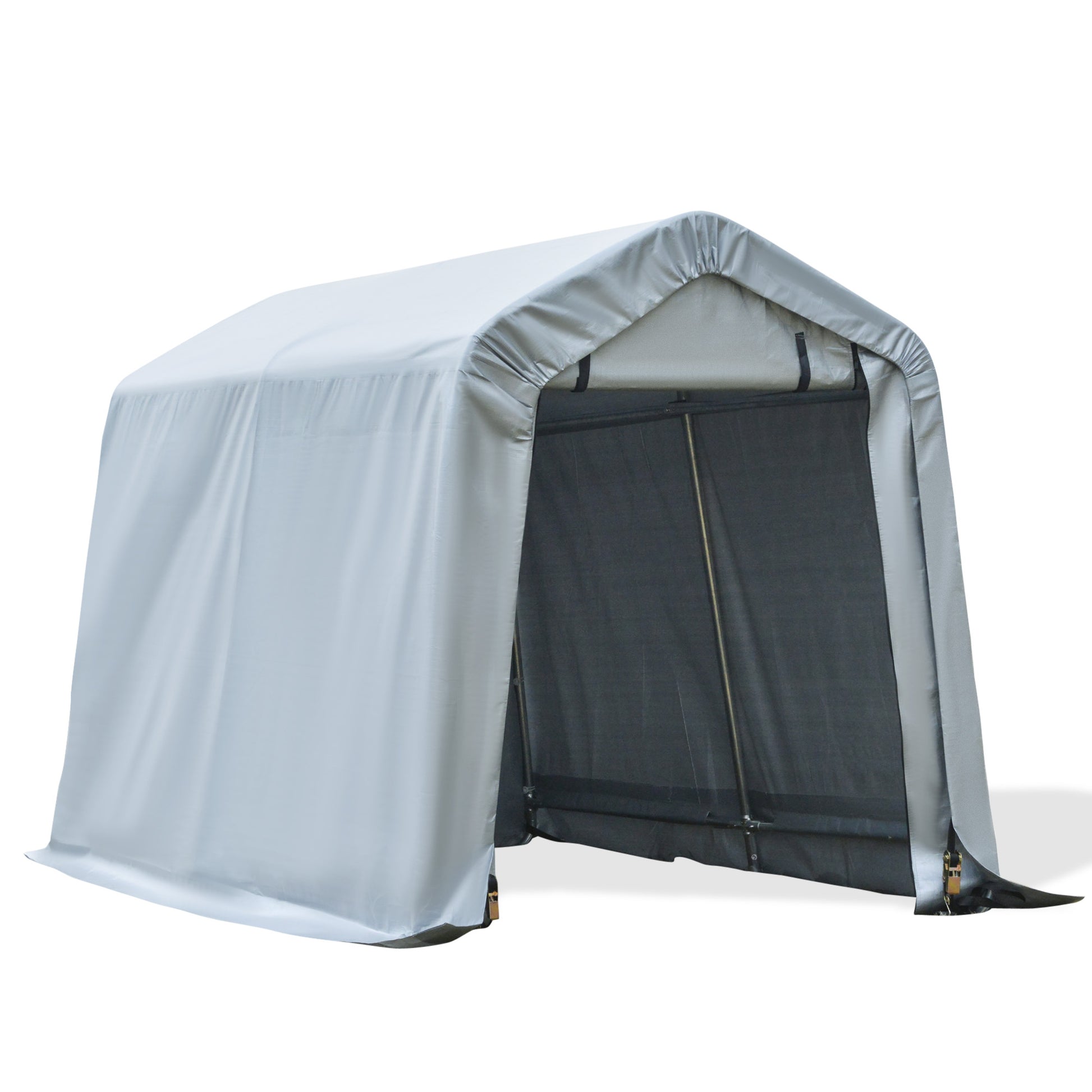 Grey portable garage structure with sturdy frame ideal for vehicle or storage shelter