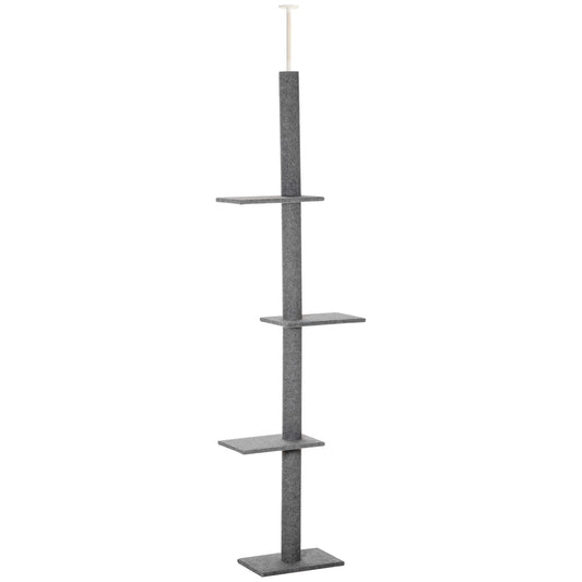 Tall grey felt cat tree with multiple levels and adjustable ceiling mount