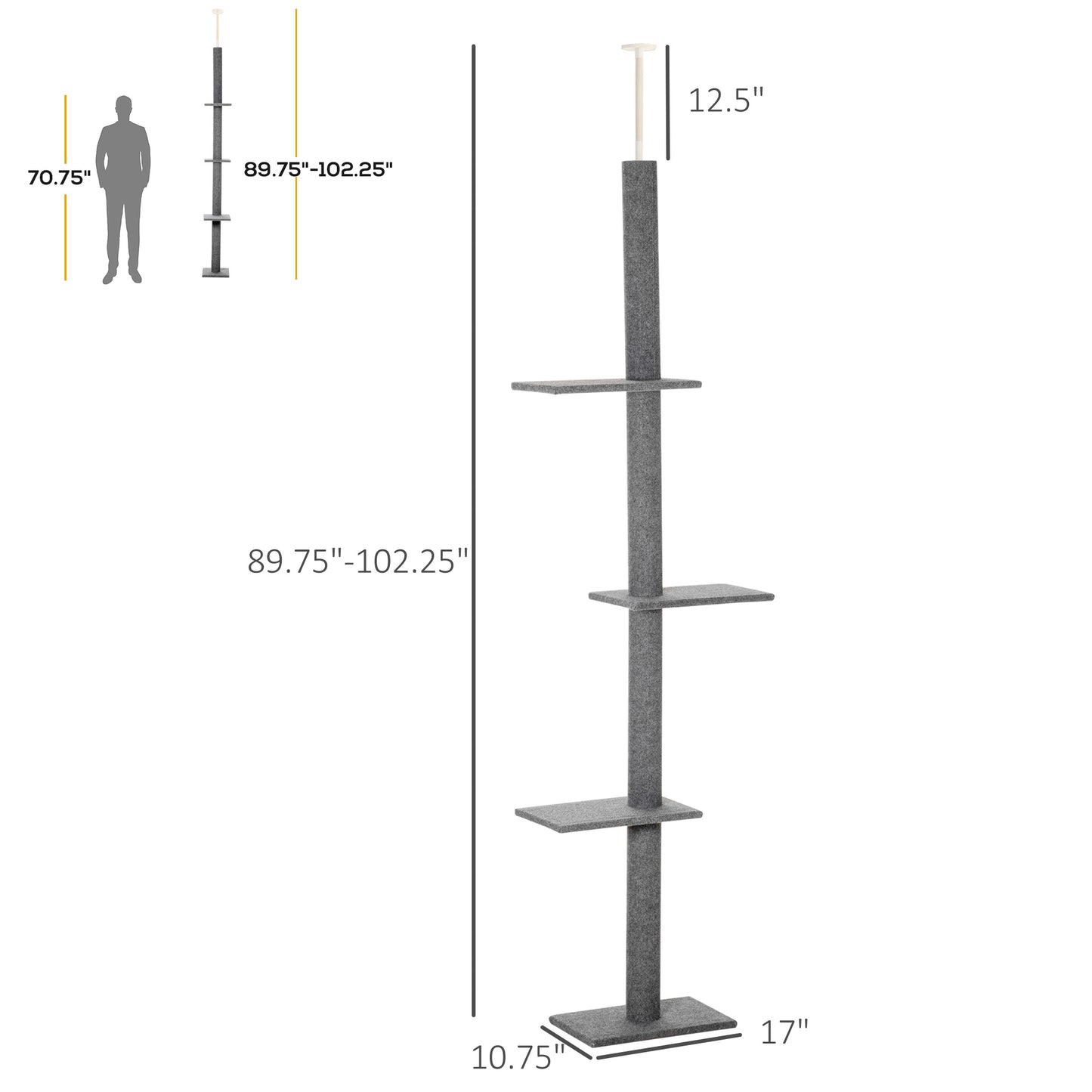 Tall adjustable gray cat tree with multiple perches and sisal scratching posts