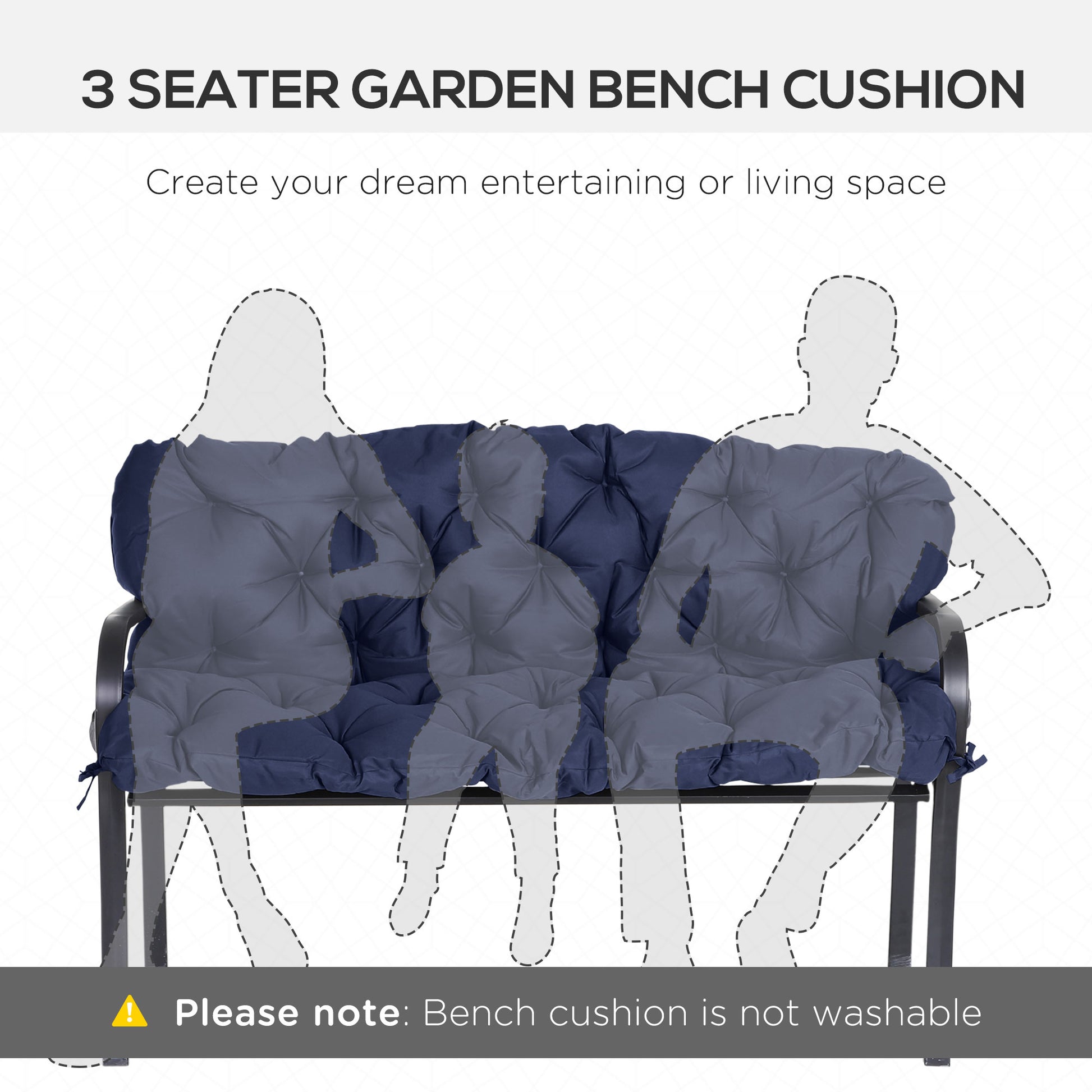 Navy blue tufted  seater garden bench cushion with tie straps for outdoor use