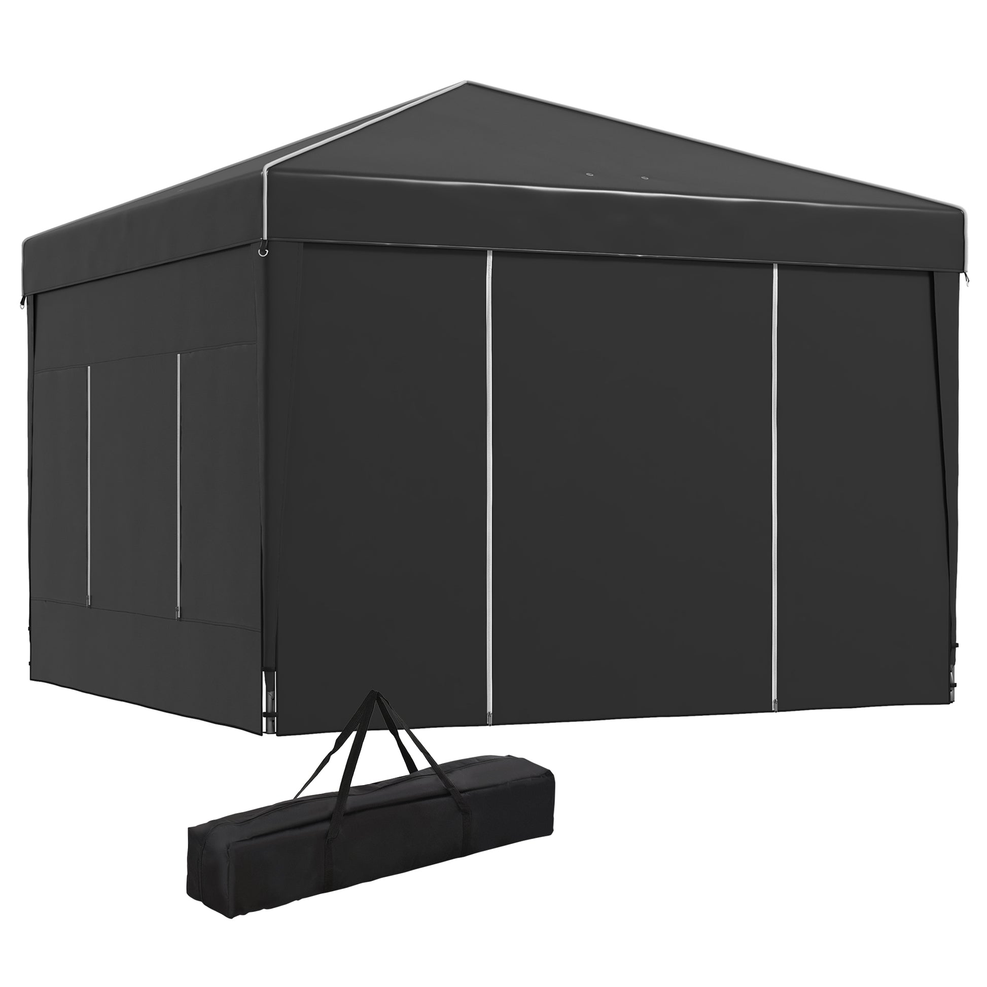 Black pop up canopy tent with white trim includes carrying bag for outdoor events