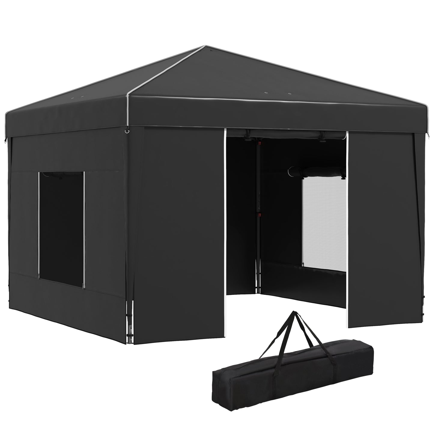 Black popup canopy tent with silver trim open front and storage bag