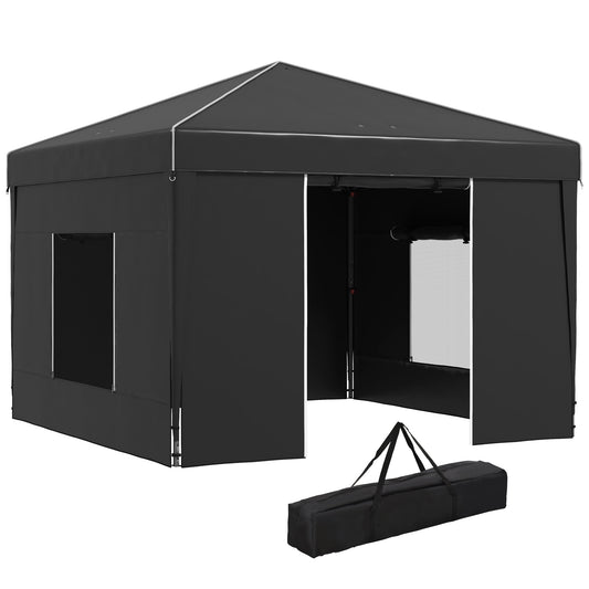 Black popup canopy tent with silver trim open front and storage bag