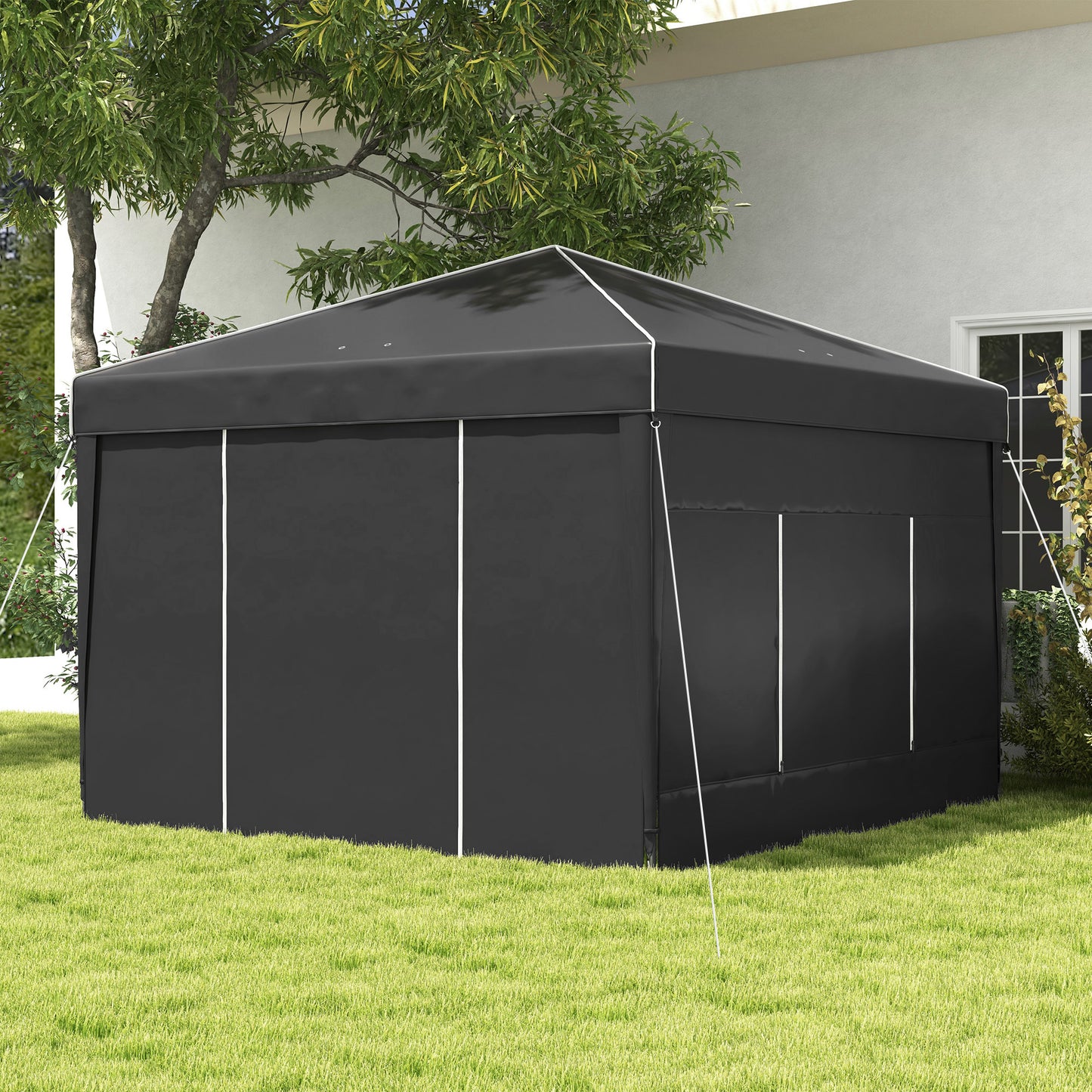 Durable black popup canopy tent with white trim and support poles ideal for outdoor events