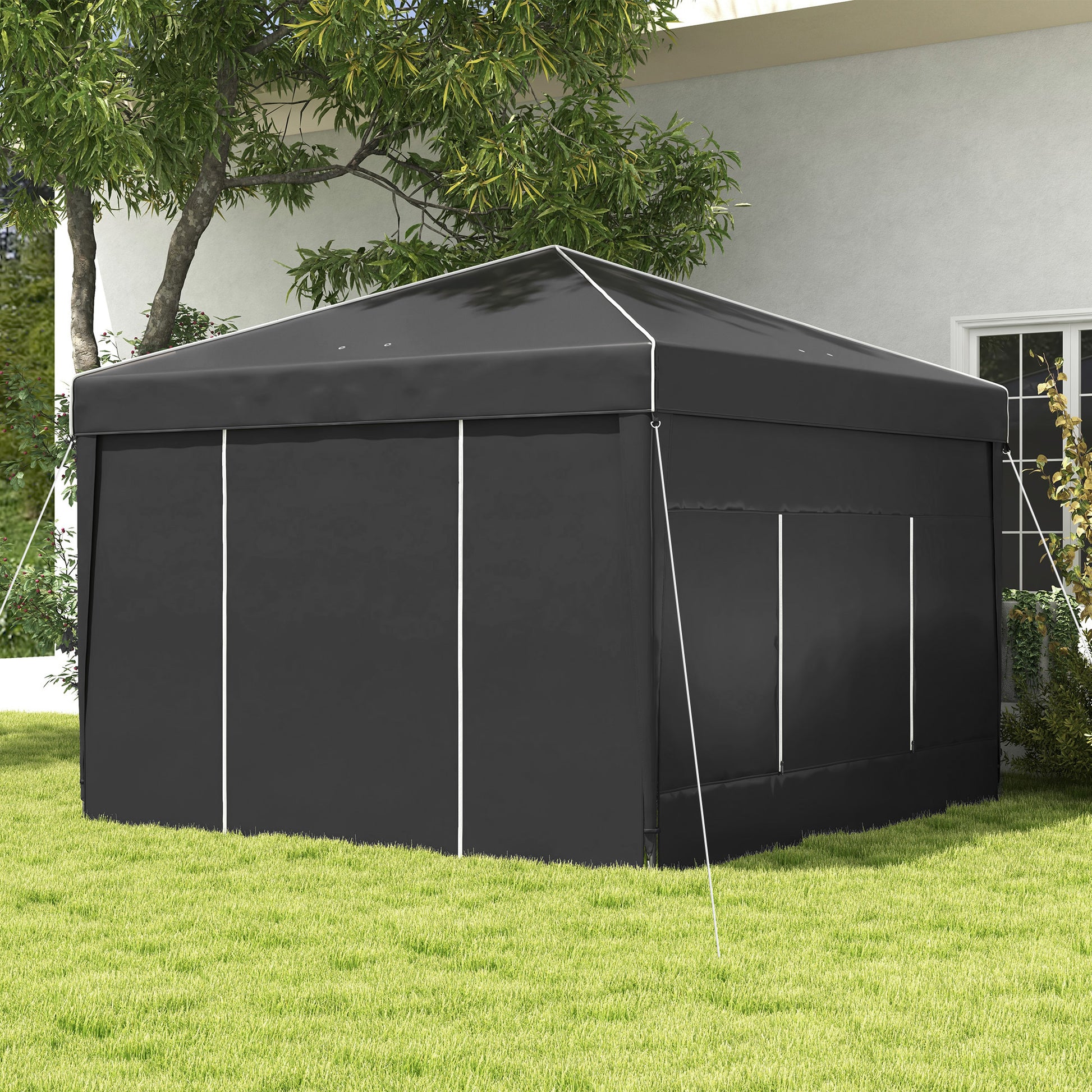 Durable black popup canopy tent with white trim and support poles ideal for outdoor events