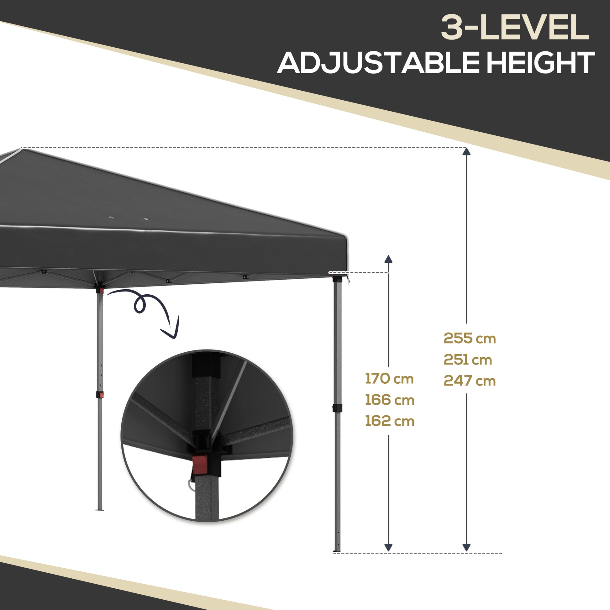 Dark grey canopy tent with adjustable height legs and measurement labels