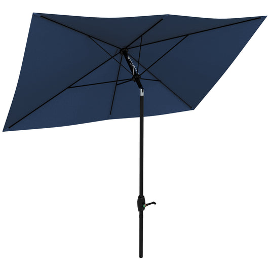 Navy blue square patio umbrella with black frame and crank mechanism