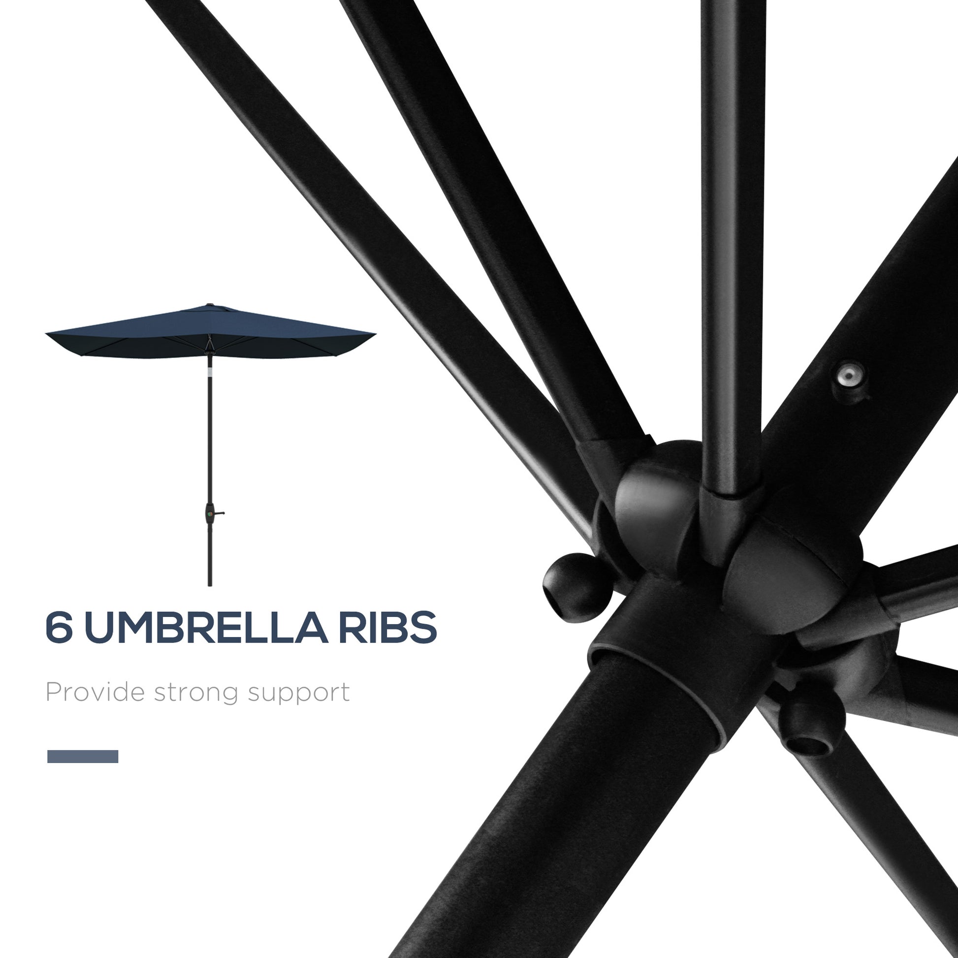 Navy blue patio umbrella with sturdy black frame featuring  umbrella ribs for support