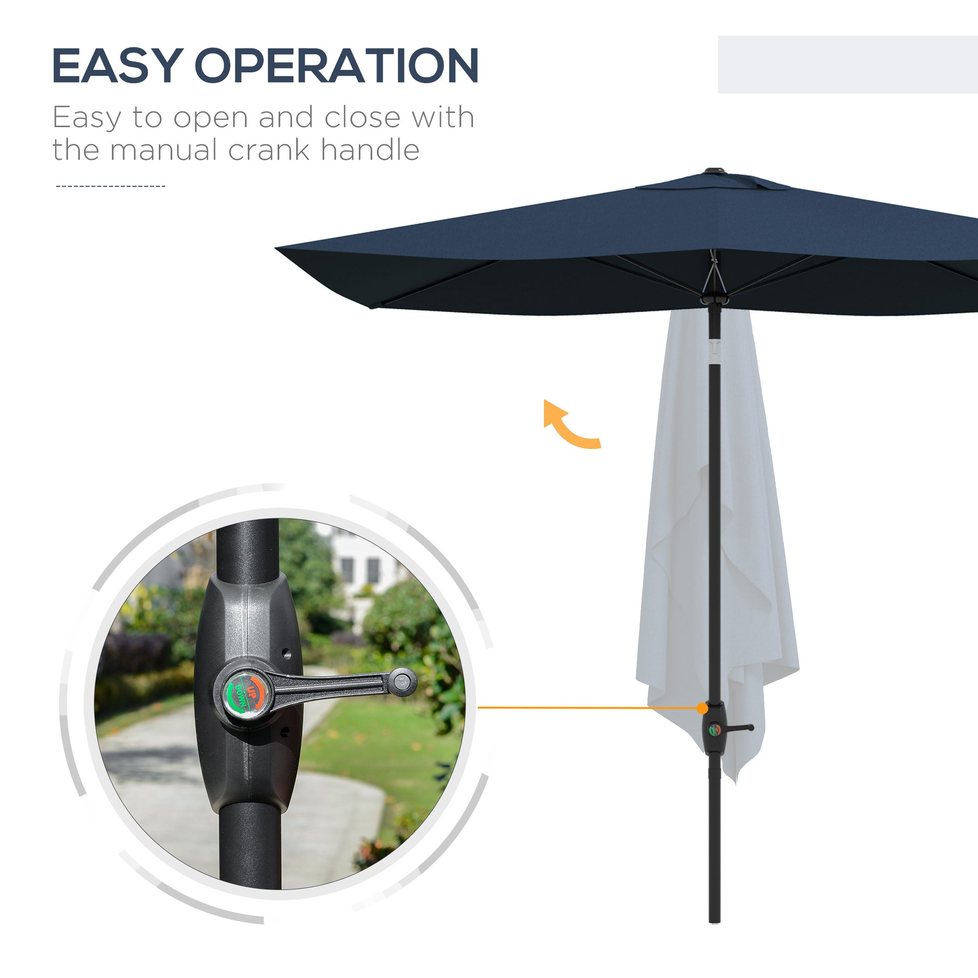Navy blue square patio umbrella with easy open crank mechanism