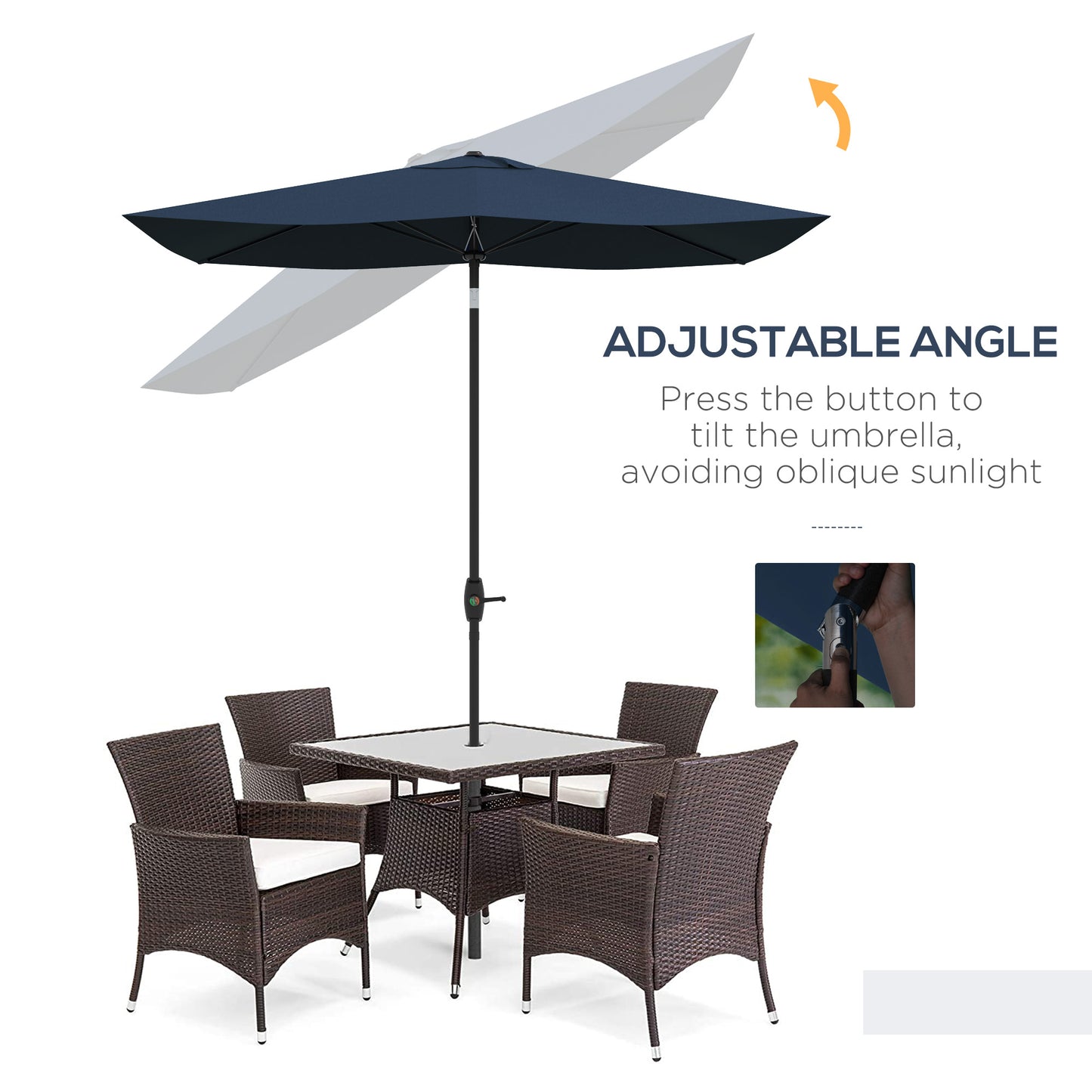 Navy blue patio umbrella with adjustable tilt mechanism for sun protection