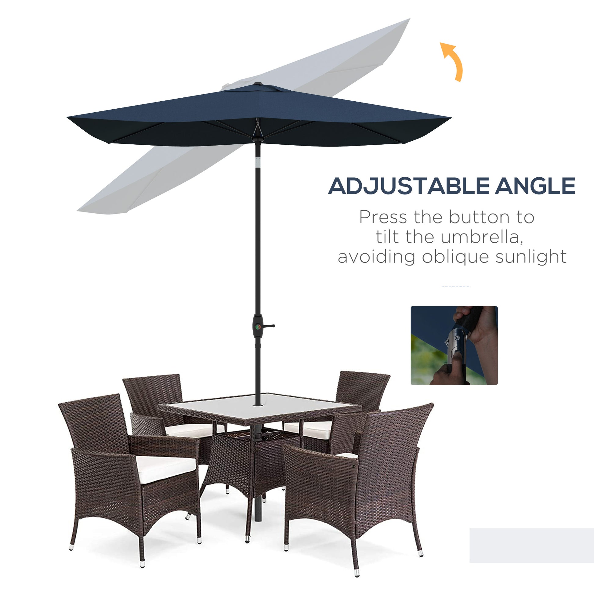 Navy blue patio umbrella with adjustable tilt mechanism for sun protection