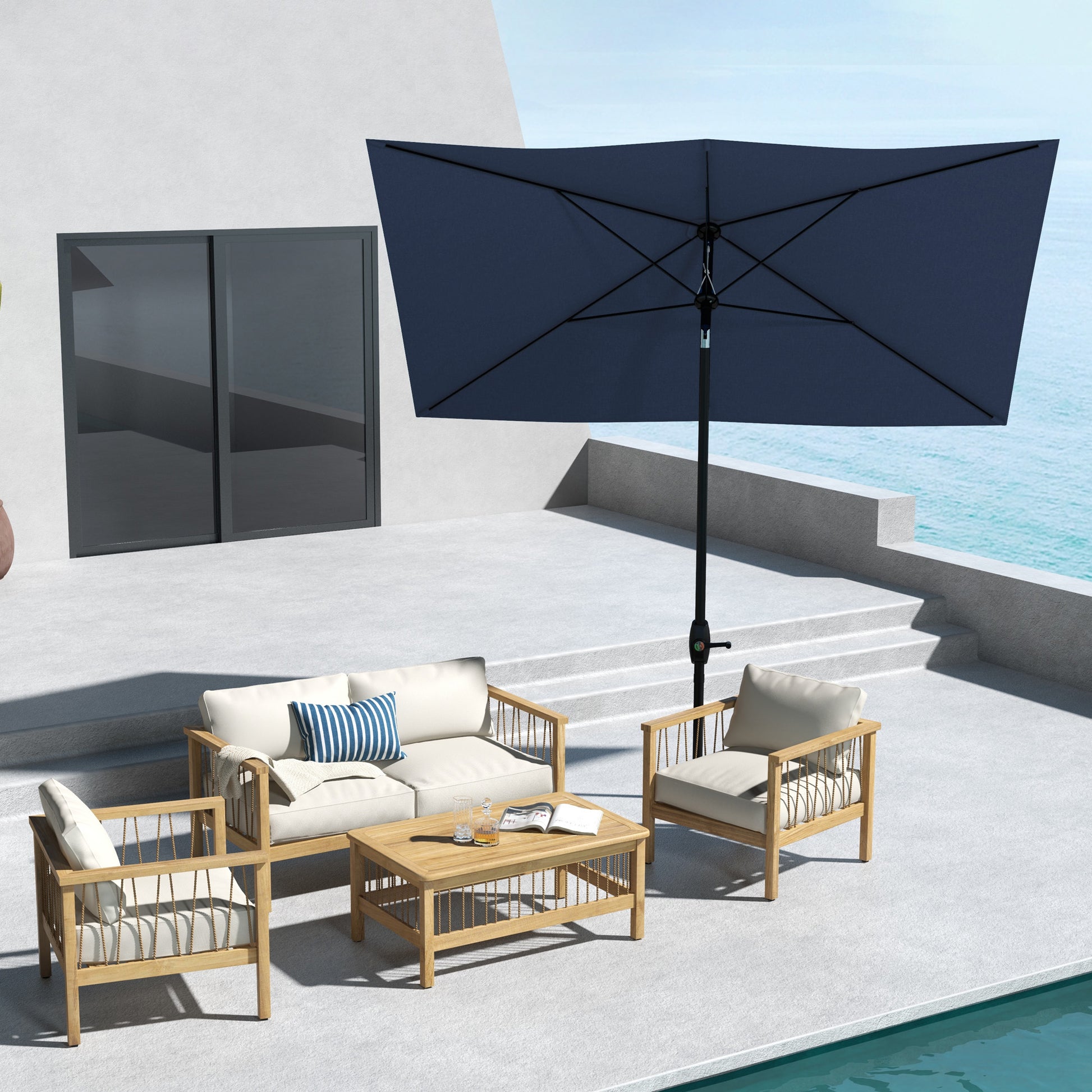 Rectangular navy blue patio umbrella with a modern design perfect for outdoor shade