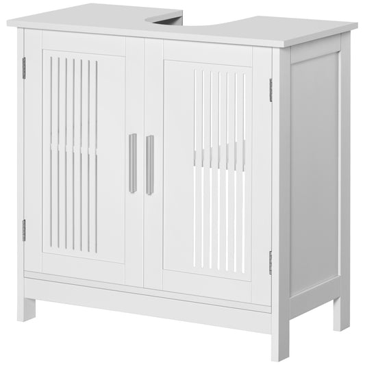 White bathroom vanity cabinet with slatted doors and silver handles featuring a carved cutout for sink installation