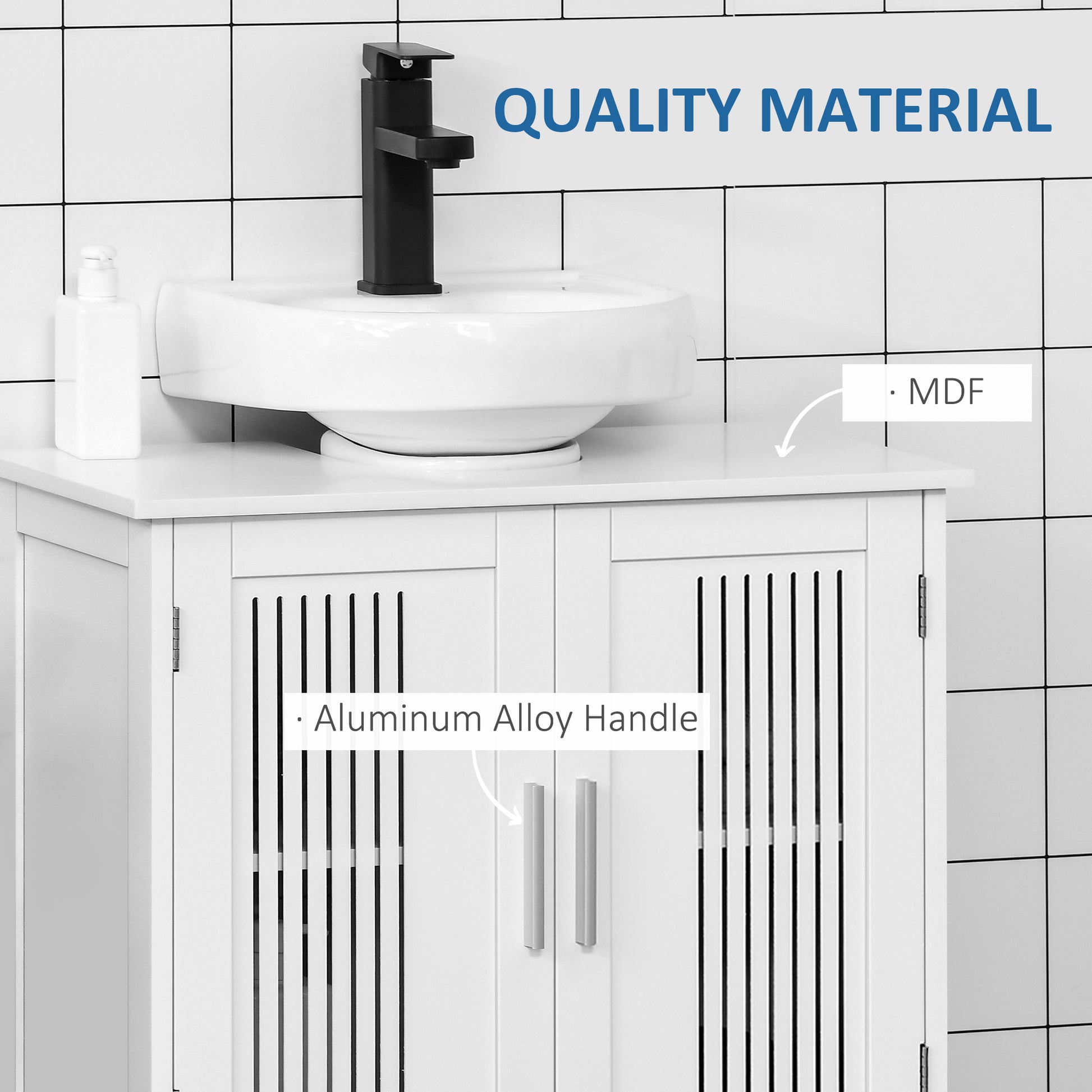 White MDF bathroom vanity with aluminum alloy handles and black faucet