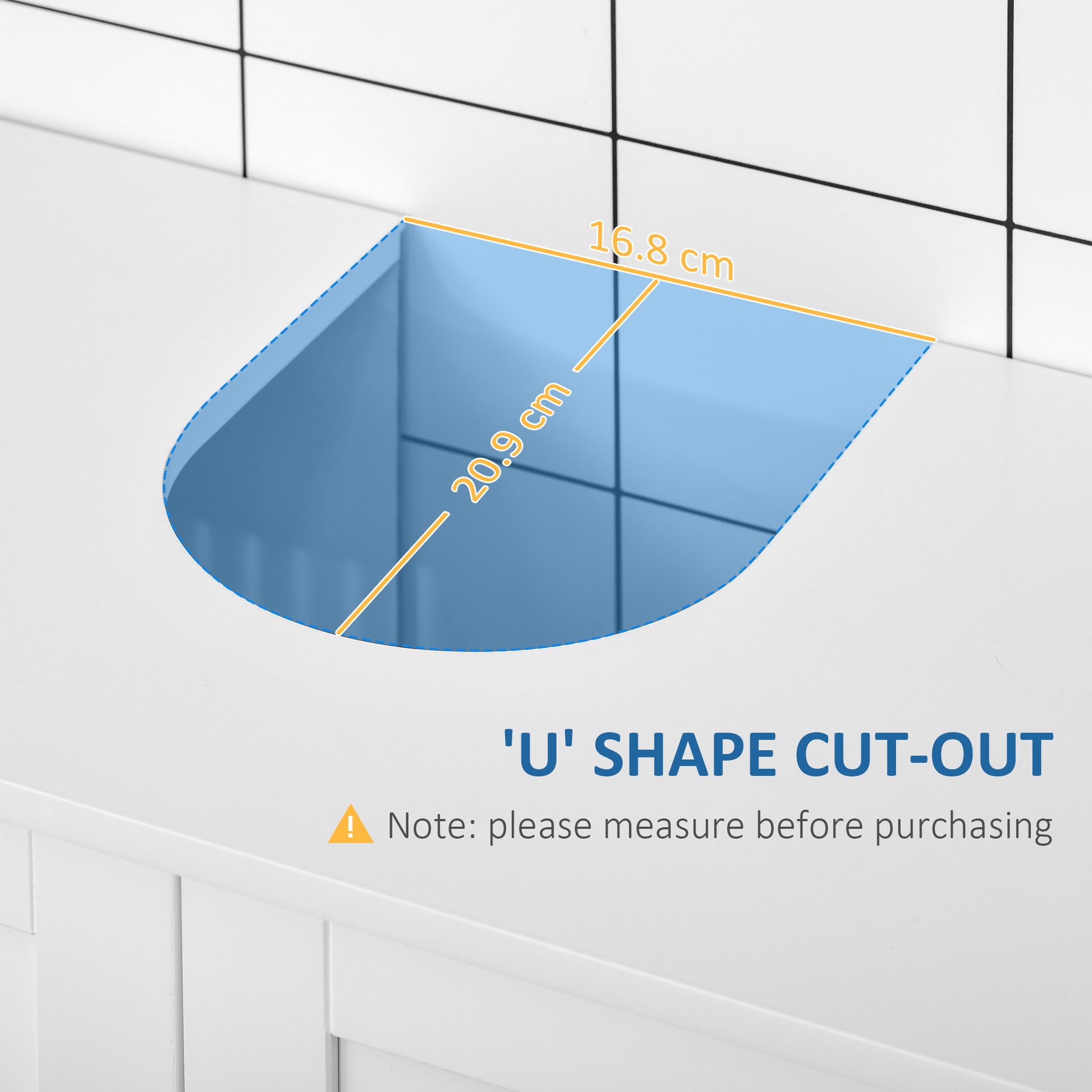 White cabinet top with a blue highlighted Ushaped cutout measuring  cm x  cm