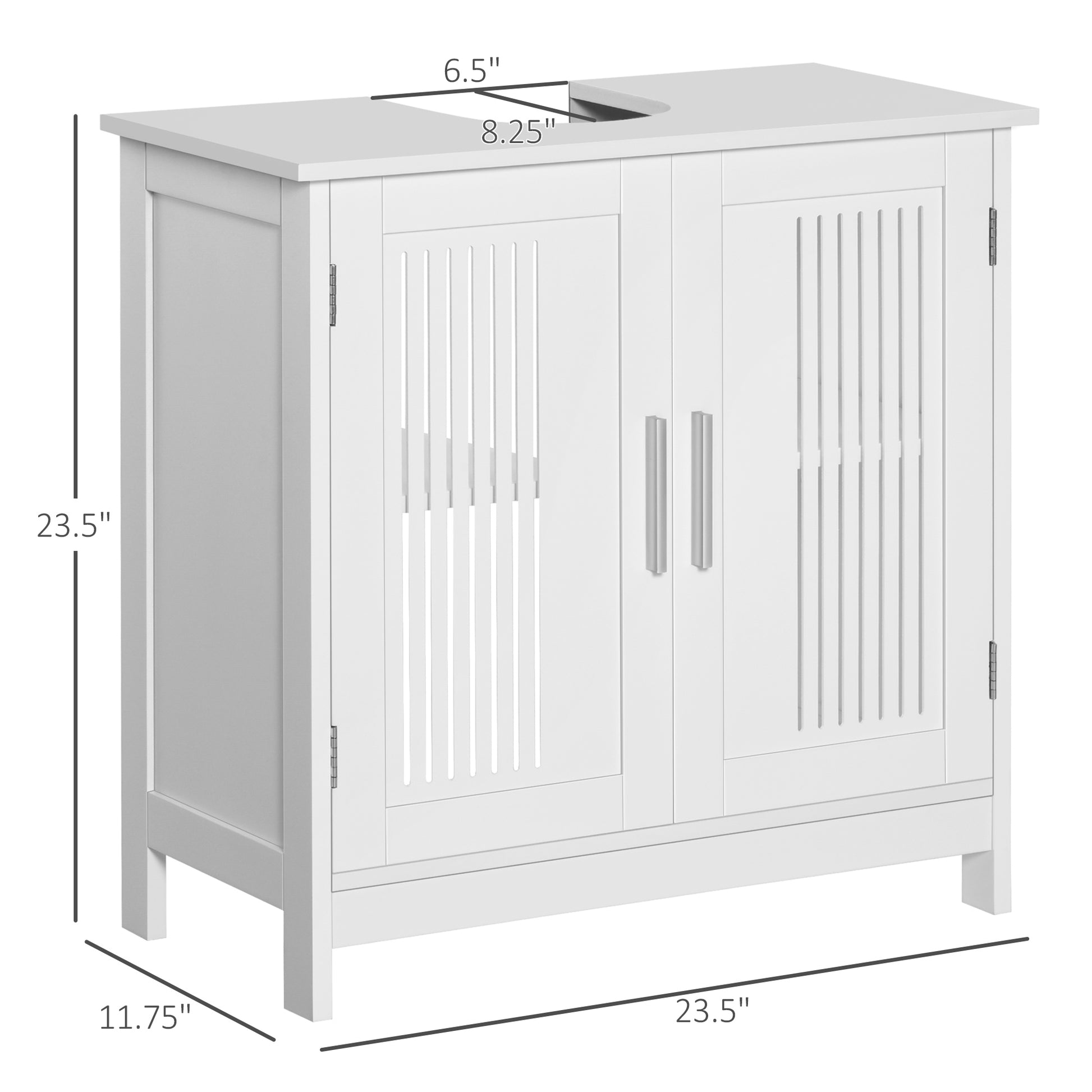White single sink vanity cabinet with slatted doors and silver handles  H