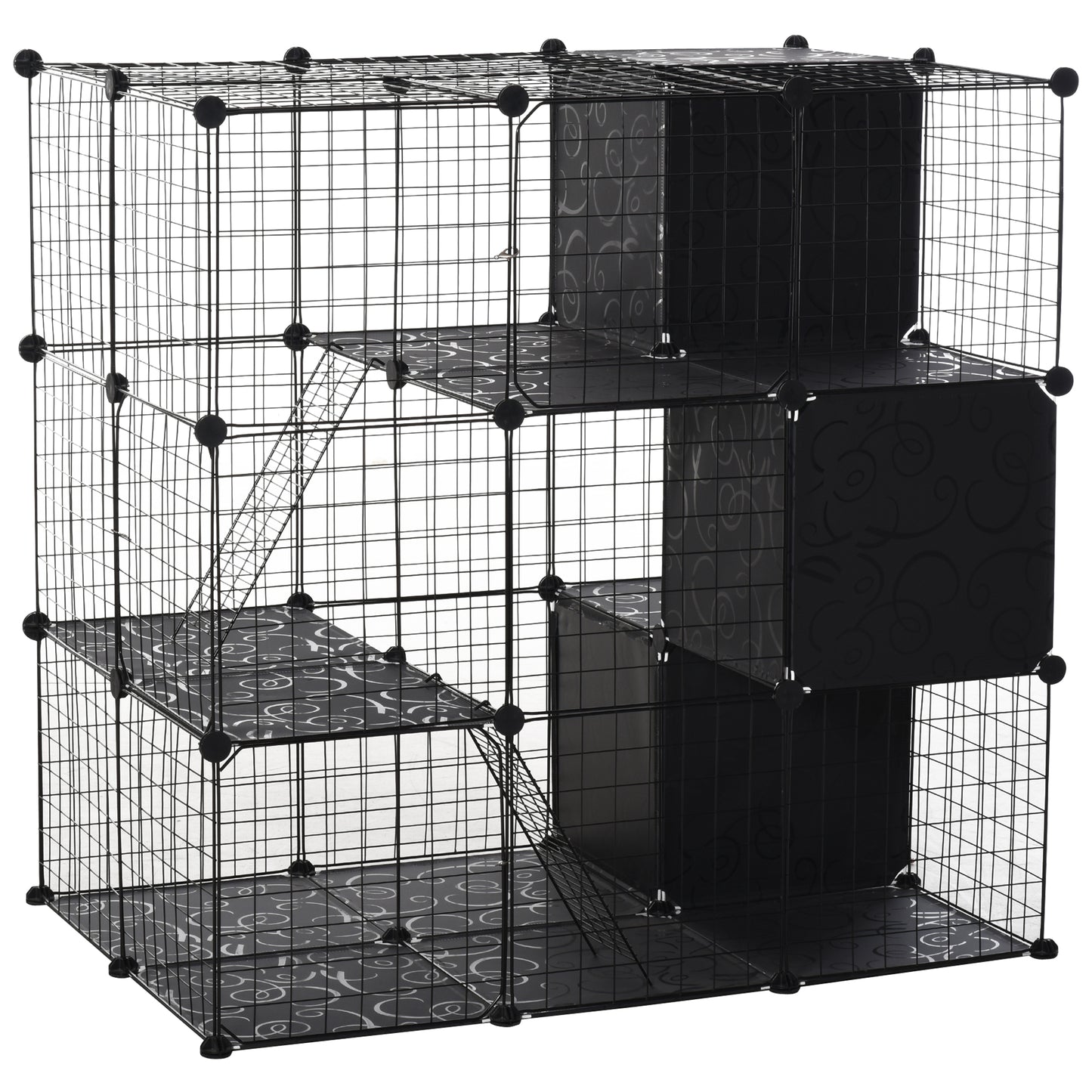 Black wire cube pet habitat with patterned shelves and ramps