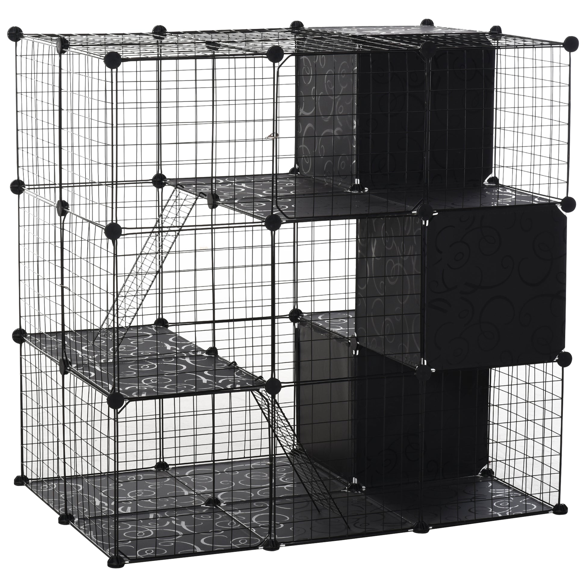Black wire cube pet habitat with patterned shelves and ramps