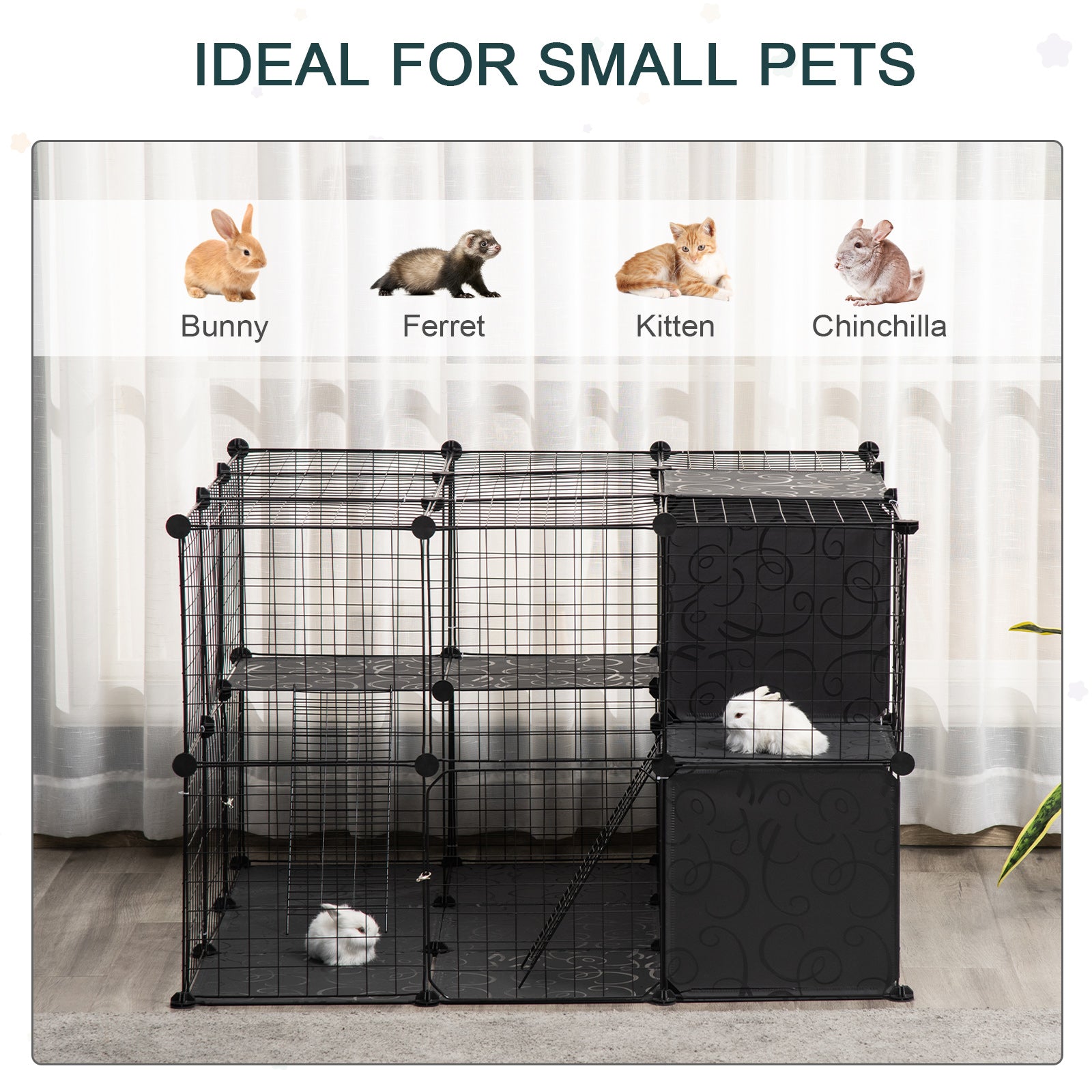 Modular wire pet cage with multiple levels ideal for rabbits and small animals