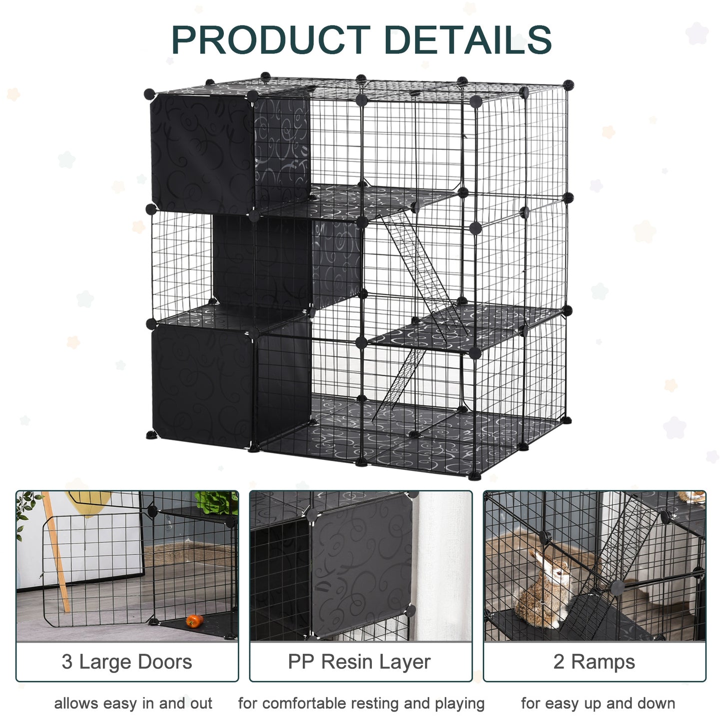 Black wire mesh pet cage with multiple levels and ramps for climbing