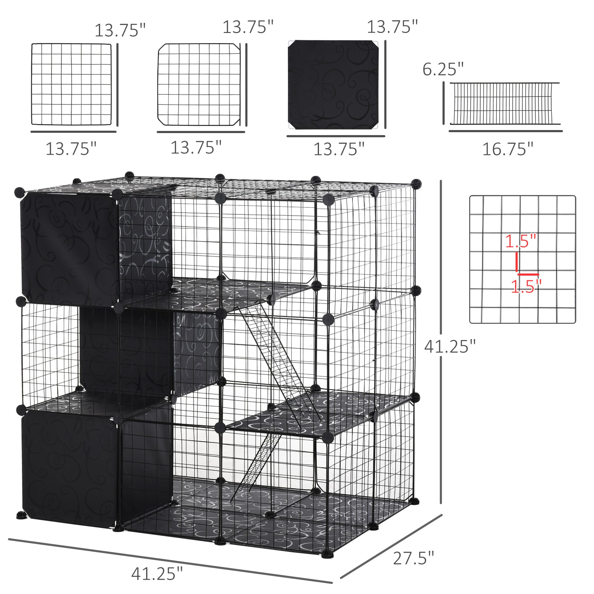 Black wire cat condo with ornate panels and multiple levels for play and rest