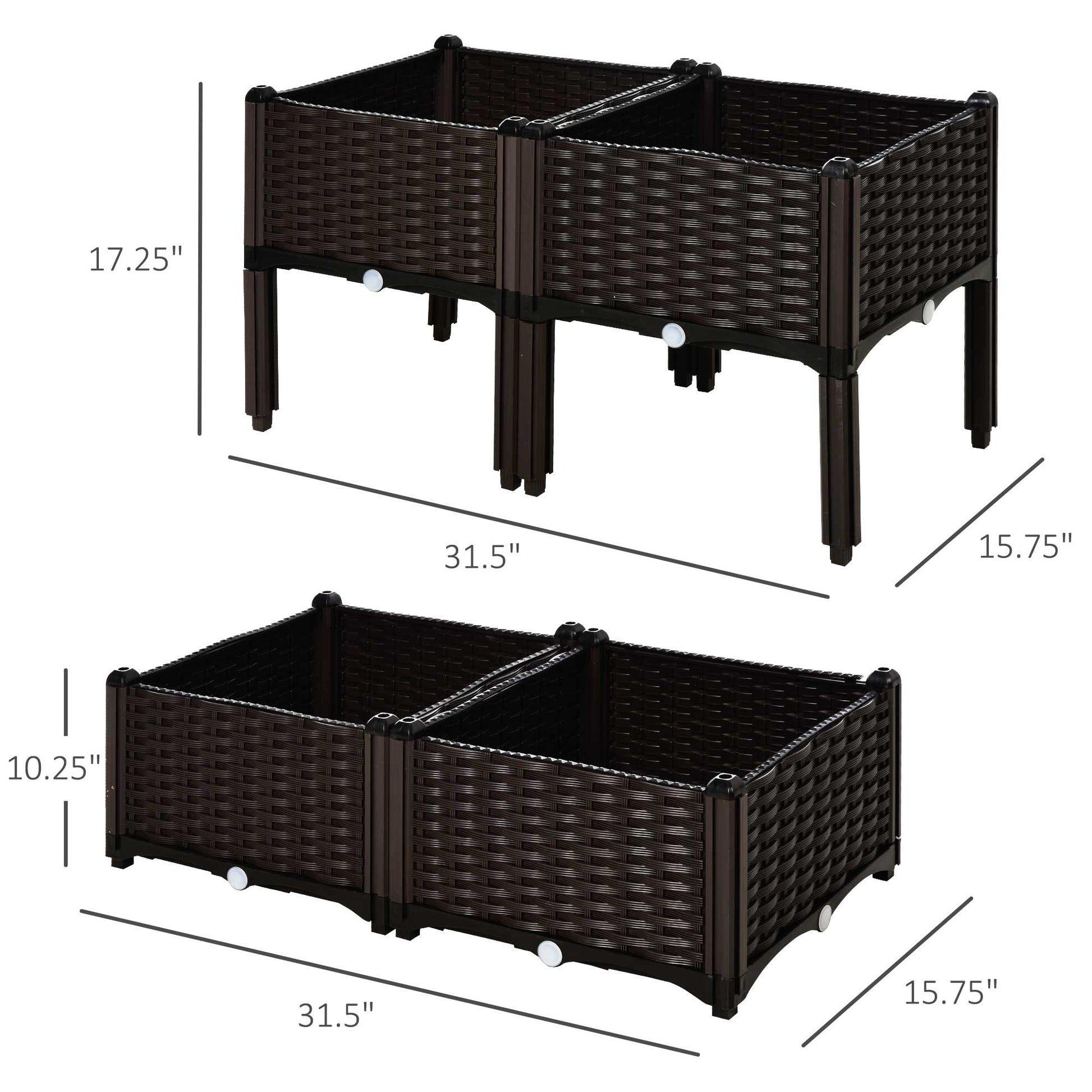 Dark brown woven raised garden bed  inches tall with dual compartments for versatile planting