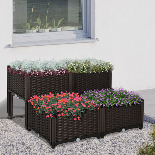 Dark brown rattan raised garden bed with tiered levels and vibrant flowering plants
