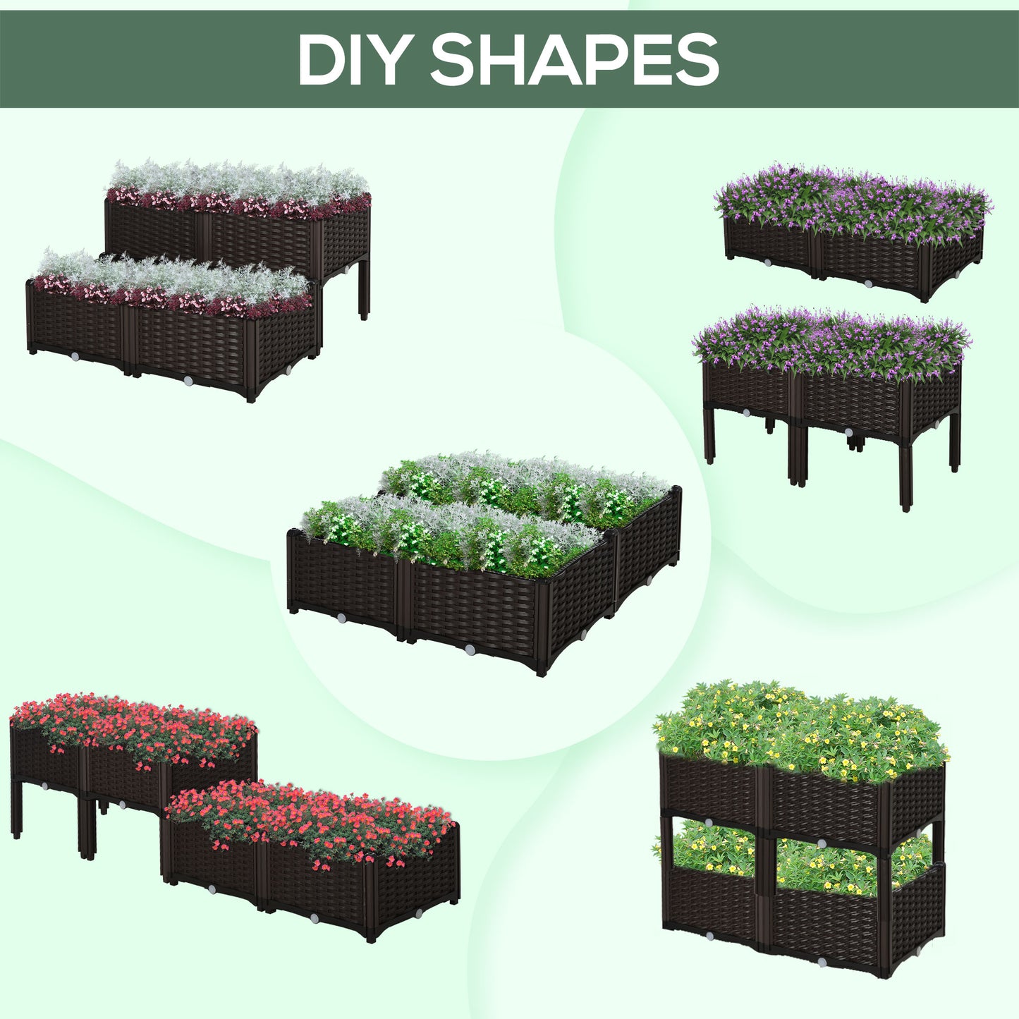 Dark brown modular raised garden bed with white and pink flowers