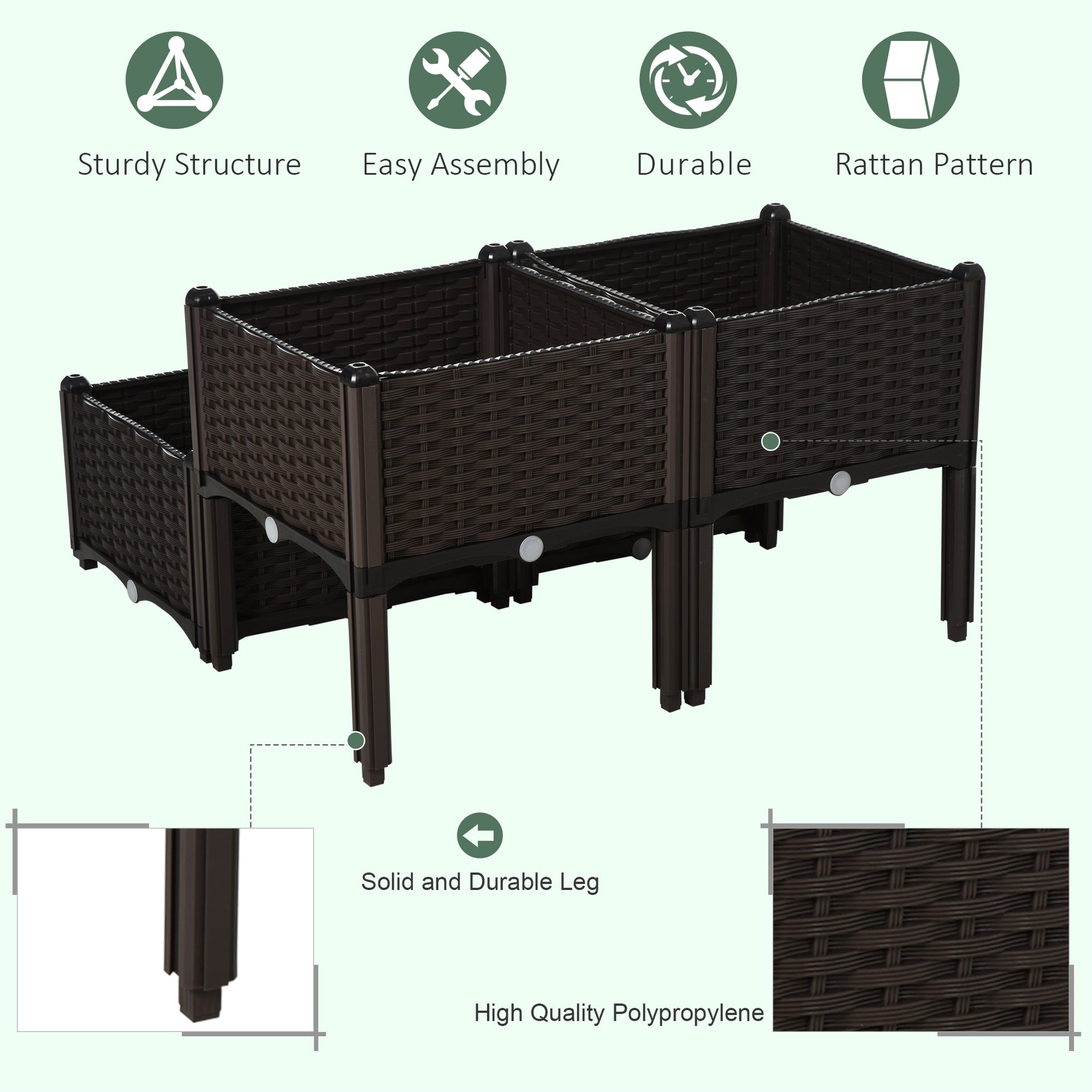 Modular raised garden bed with brown rattan pattern and sturdy legs