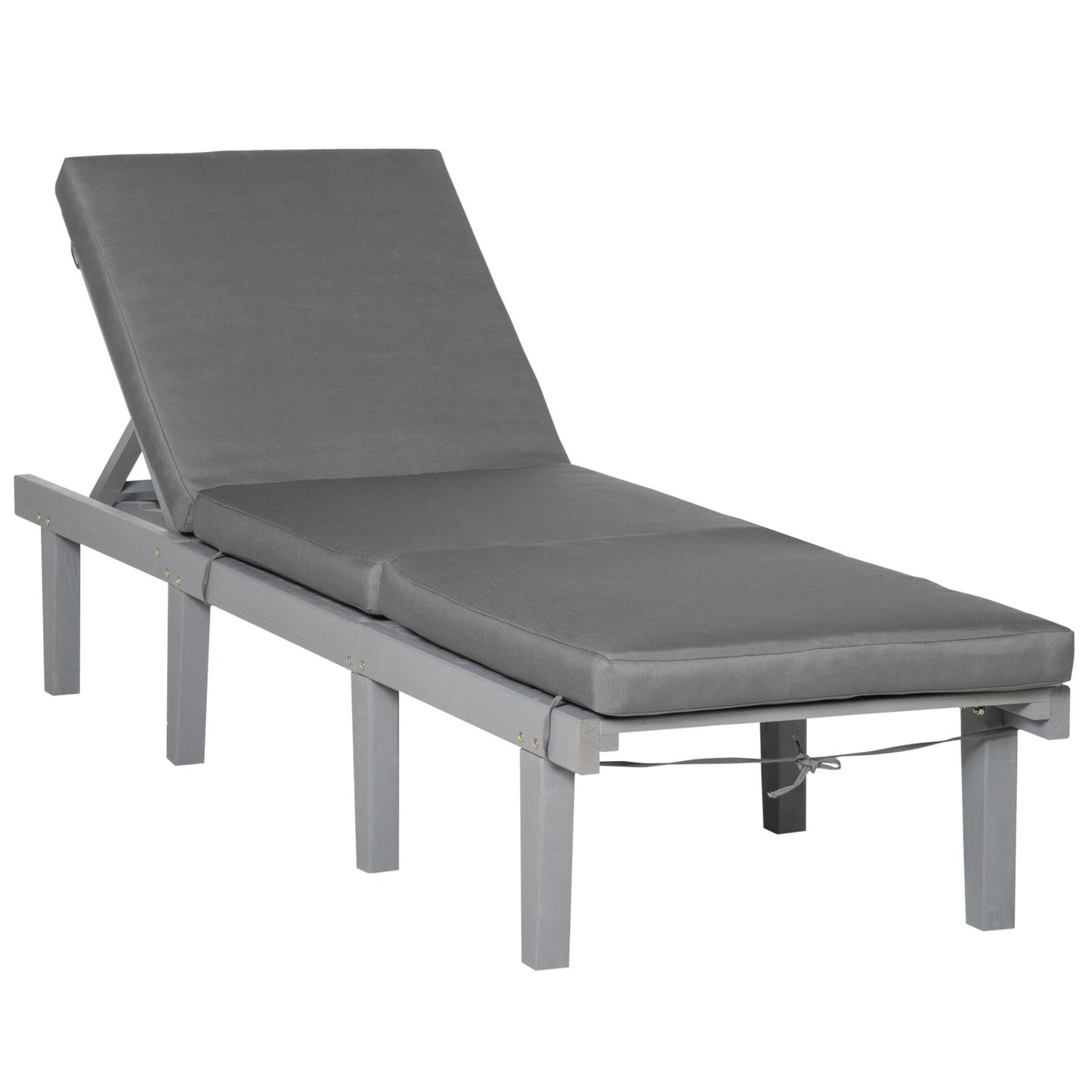 Gray wooden patio chaise lounge with plush gray cushion perfect for outdoor relaxation
