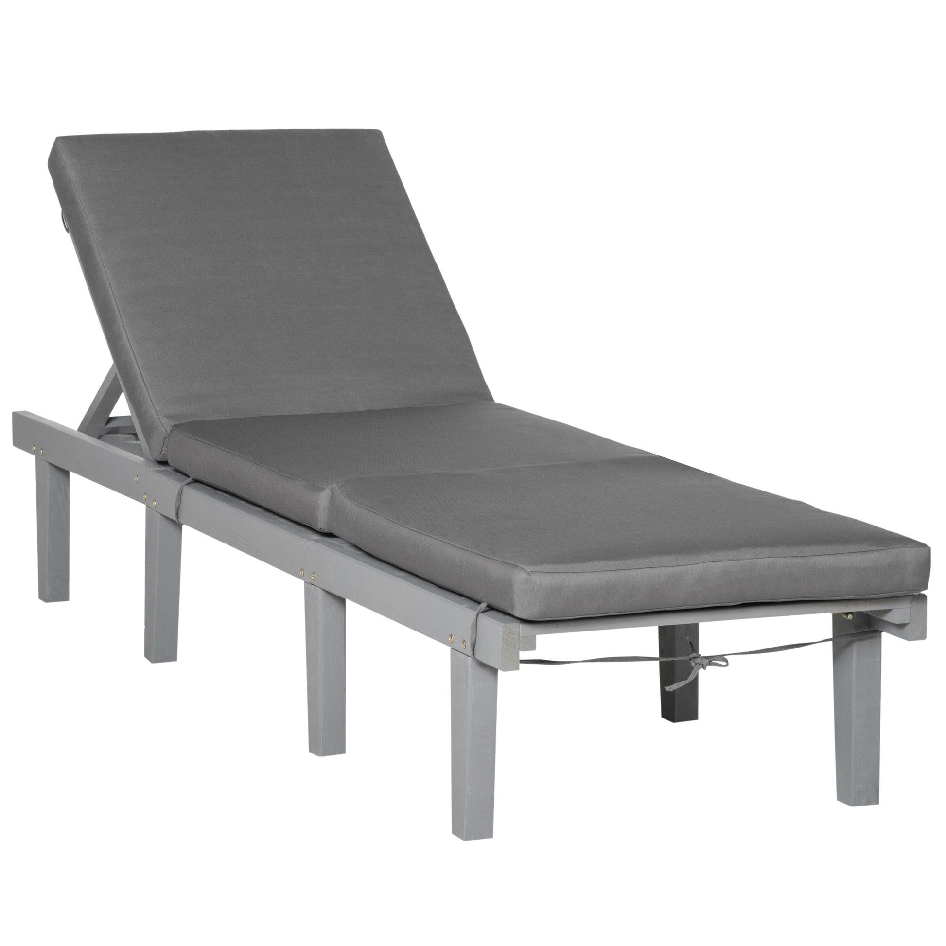 Gray wooden patio chaise lounge with plush gray cushion perfect for outdoor relaxation