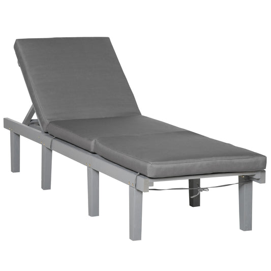 Gray wooden patio chaise lounge with plush gray cushion perfect for outdoor relaxation