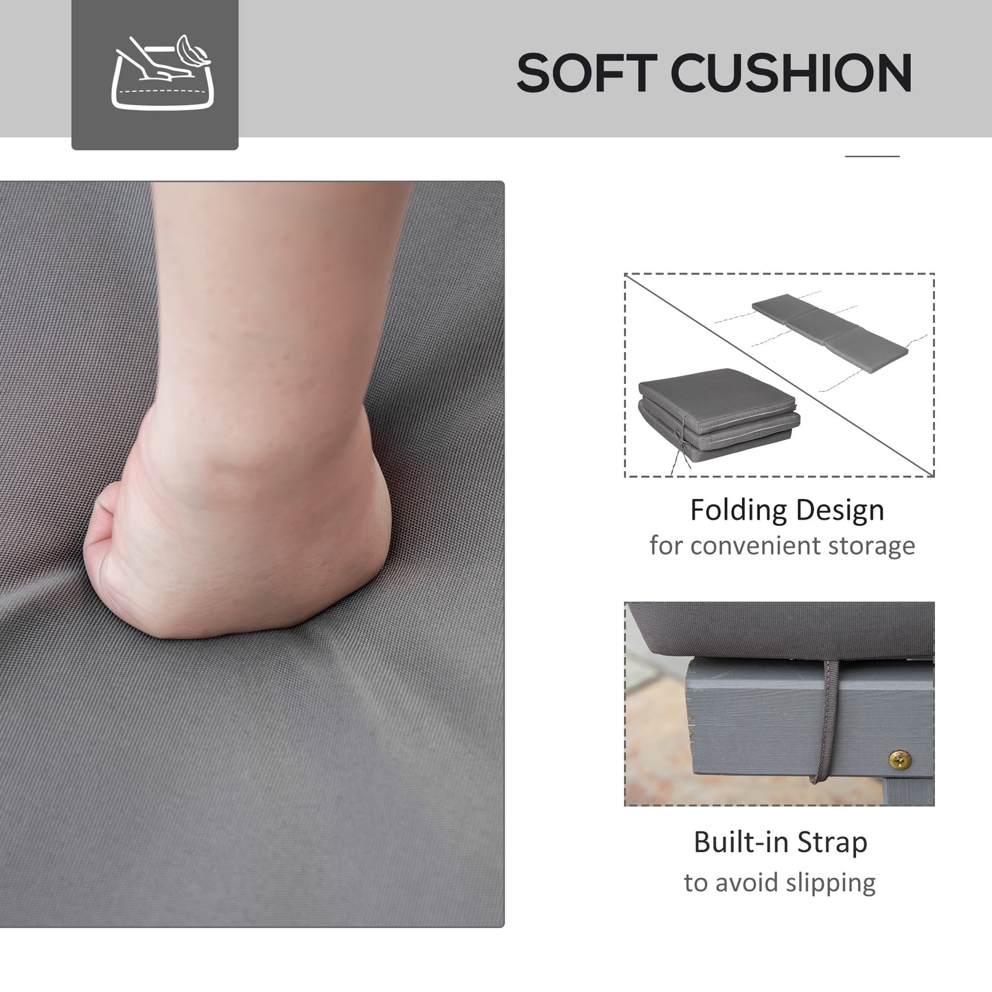 Close up of a foot pressing into a soft grey outdoor cushion