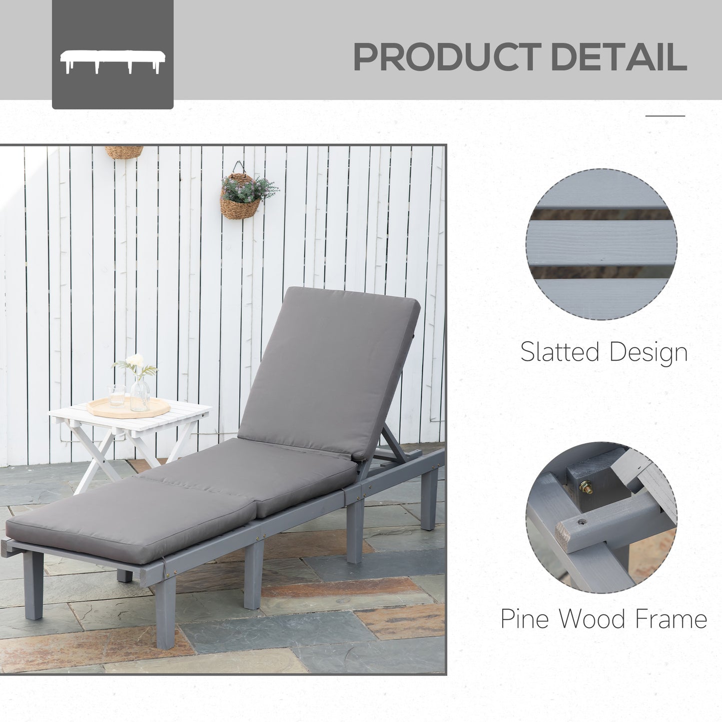 Grey upholstered outdoor chaise lounge with adjustable backrest and pine wood frame
