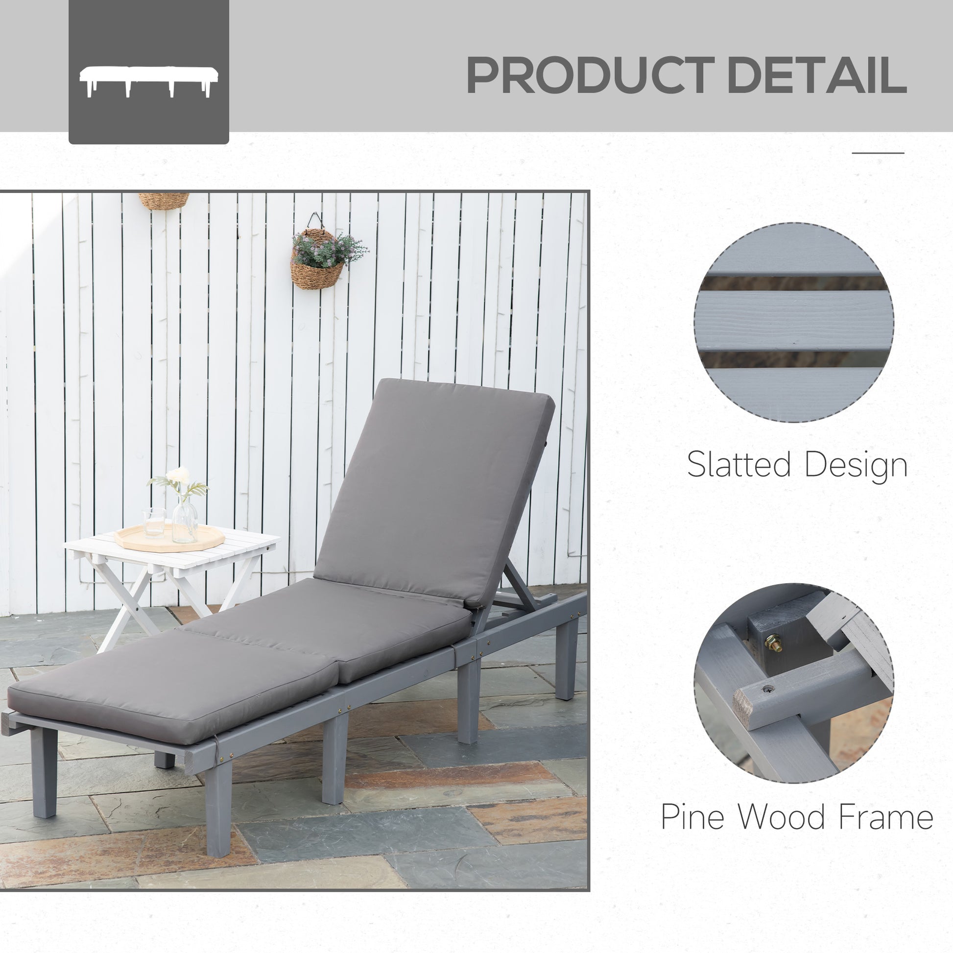 Grey upholstered outdoor chaise lounge with adjustable backrest and pine wood frame