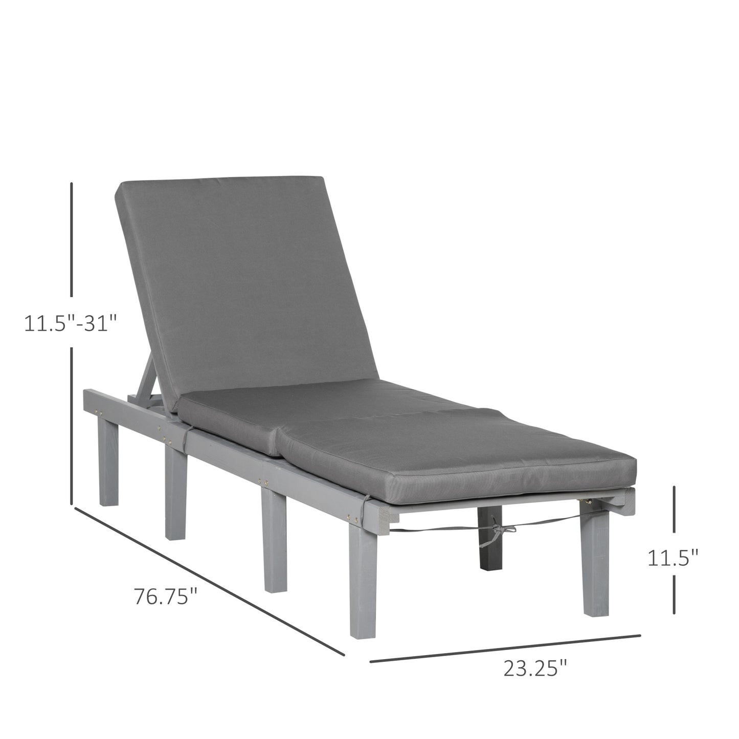 Adjustable grey outdoor chaise lounge with plush cushions on a white background