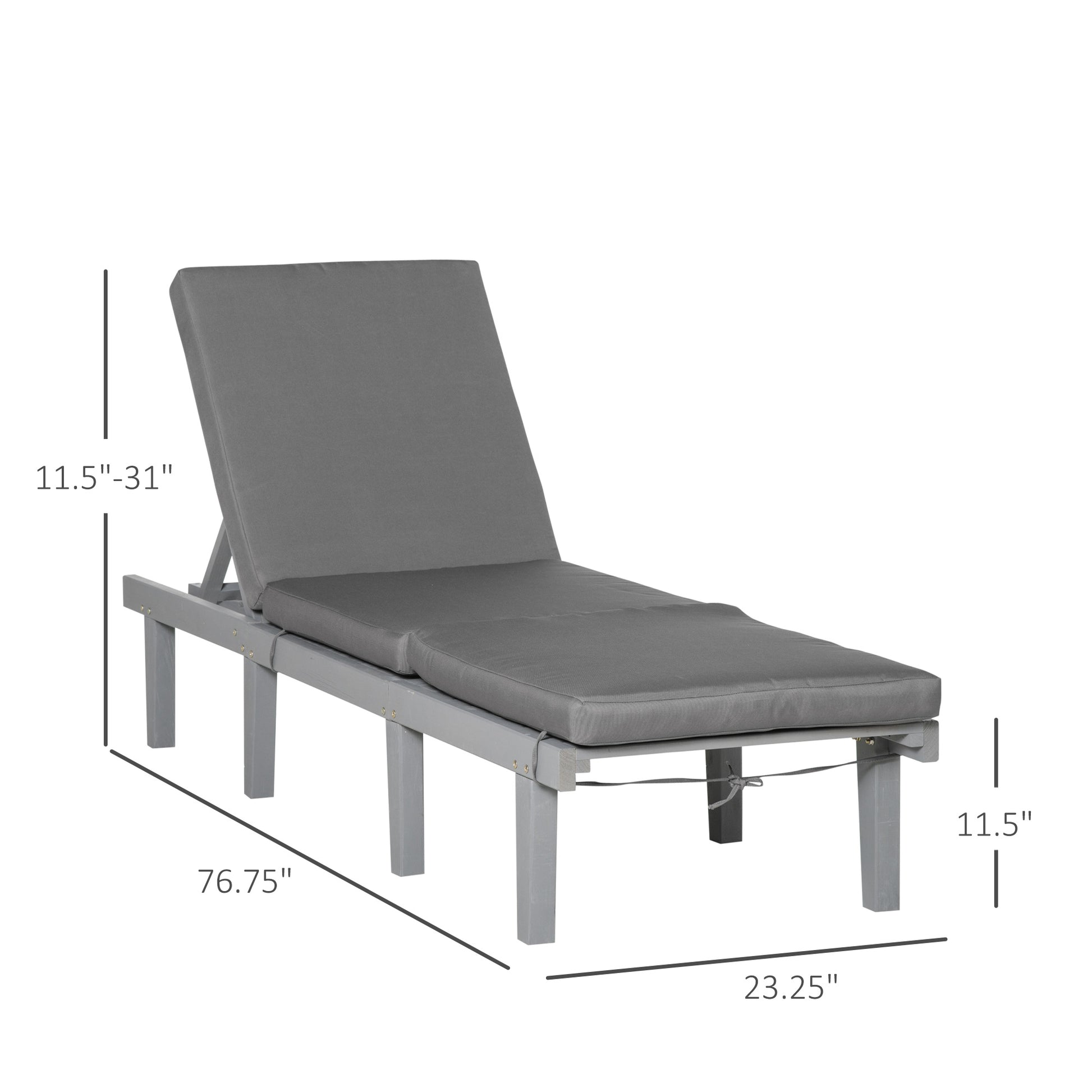 Adjustable grey outdoor chaise lounge with plush cushions on a white background