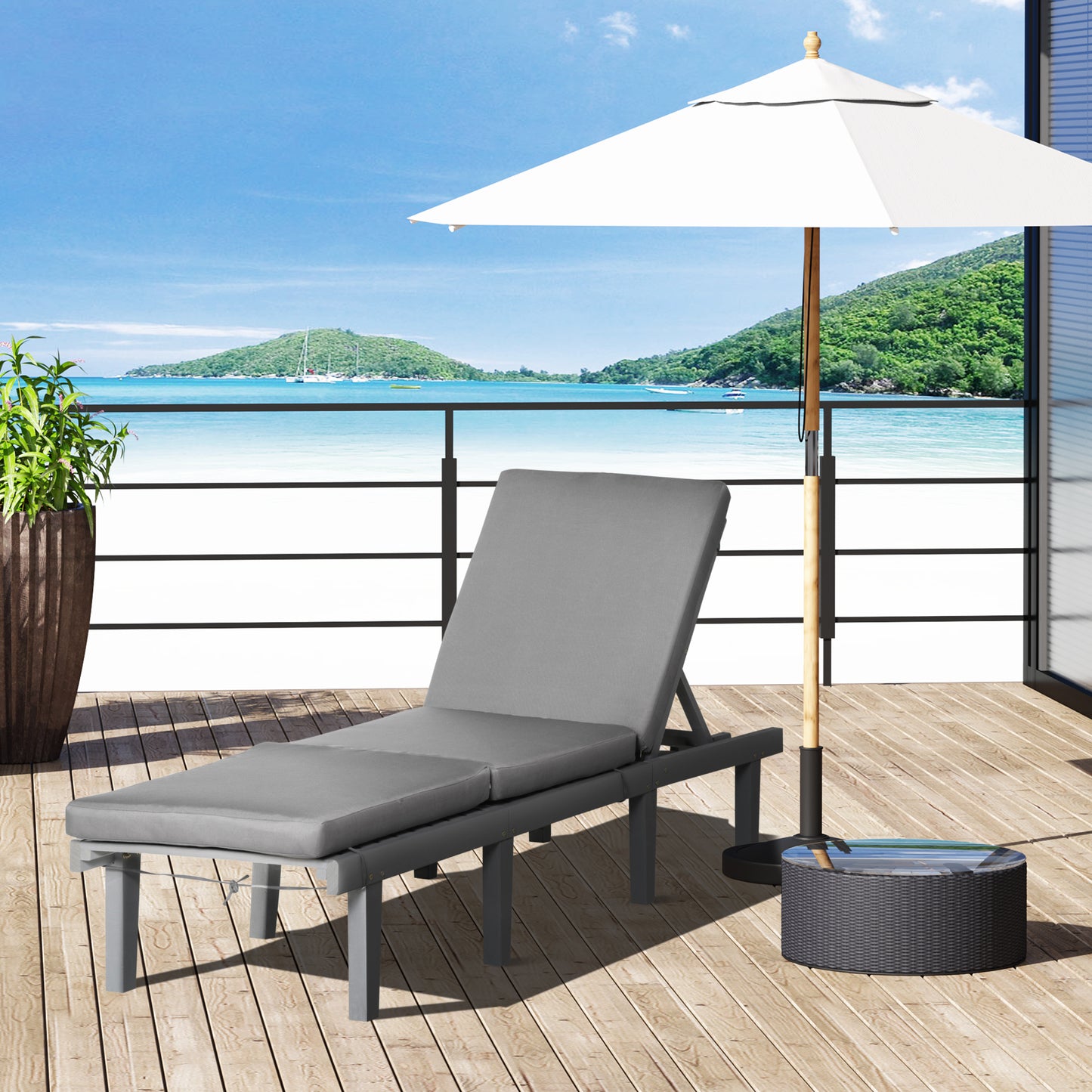 Grey adjustable outdoor chaise lounge with cushioned seating perfect for relaxation