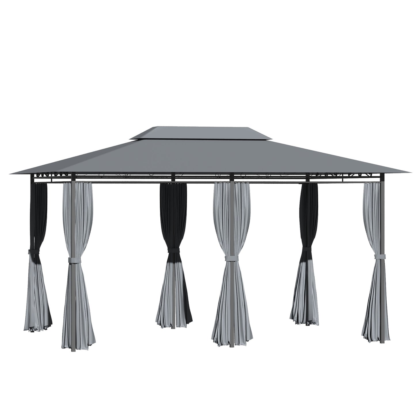 Grey metal gazebo with black and grey curtains for outdoor relaxation